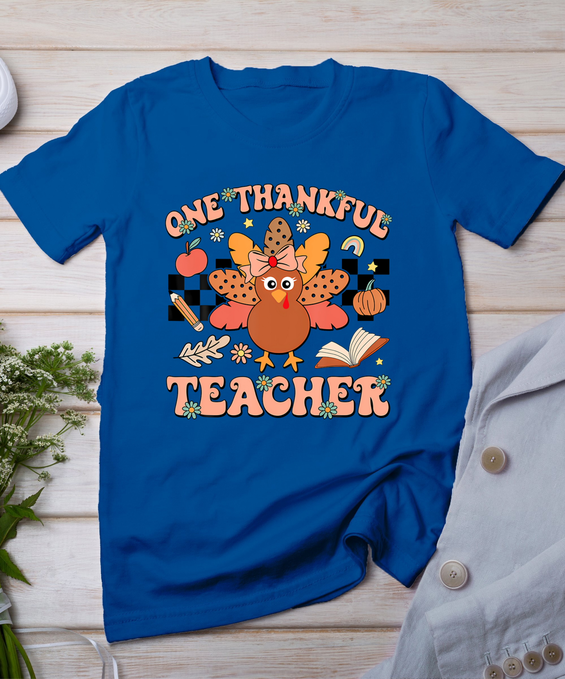 One Thankful Teacher Thanksgiving Retro Groovy Fall Teachers T-Shirt