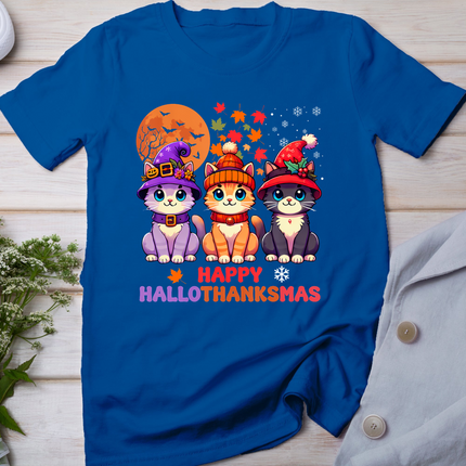 Halloween Thanksgiving Christmas Happy Hallothanksmas Cats T-Shirt