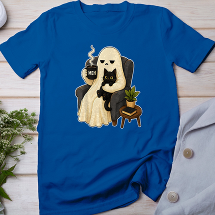 Meh Grumpy Ghost Holding Coffee Mug and Black Cat Halloween T-Shirt