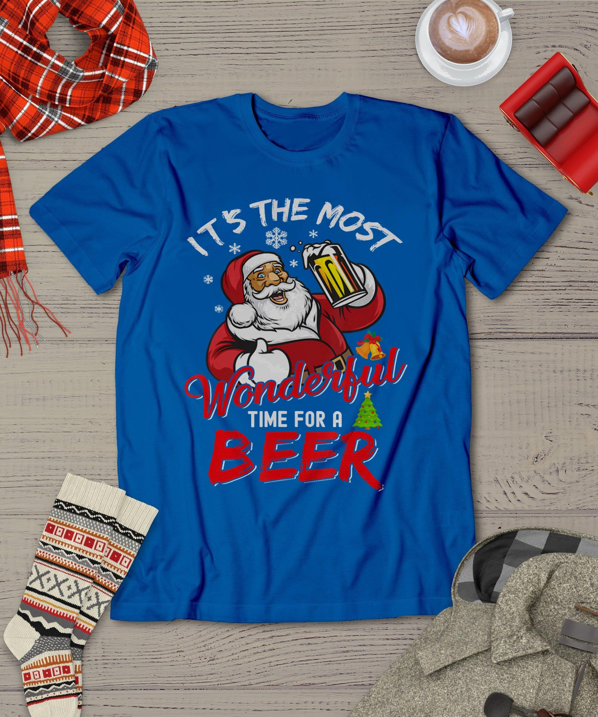 Funny Christmas Santa Claus Drinking Beer Wonderful Time T-Shirt