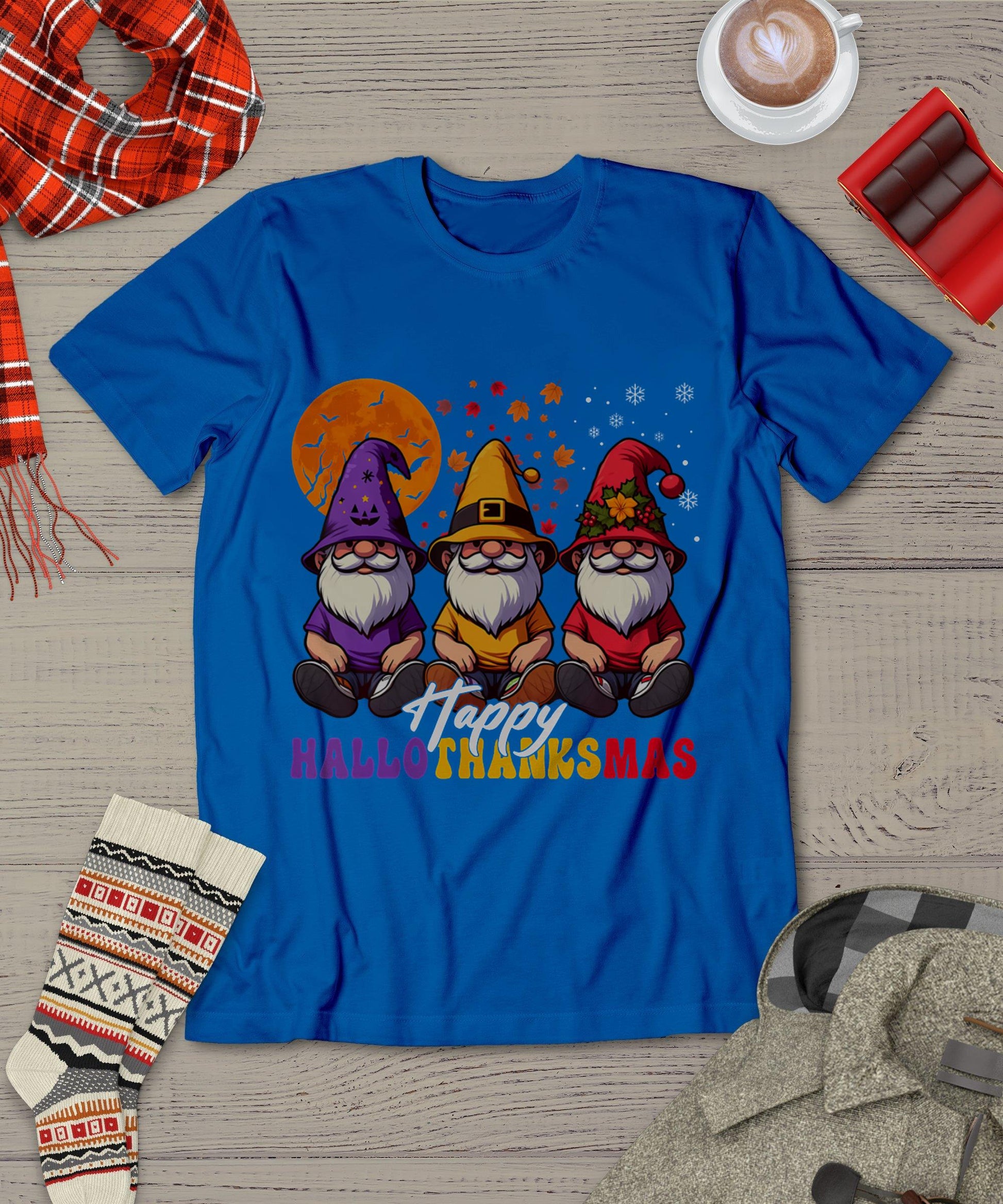 Halloween Thanksgiving Christmas Happy Hallothanksmas Gnomes T-Shirt