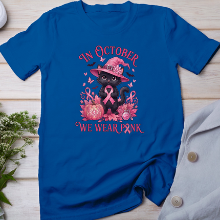 Halloween Witch Black Cat We Wear Pink Ribbon Breast Cancer T-Shirt