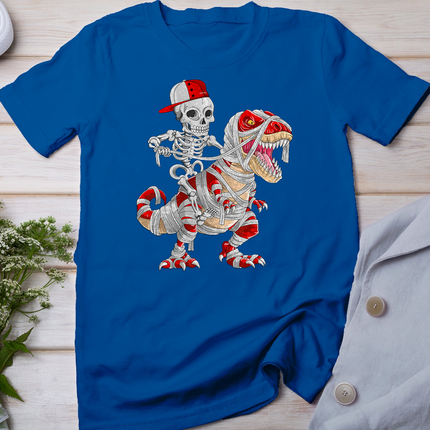 Funny Skeleton Cap Riding Mummy Dinosaur Halloween T-Shirt