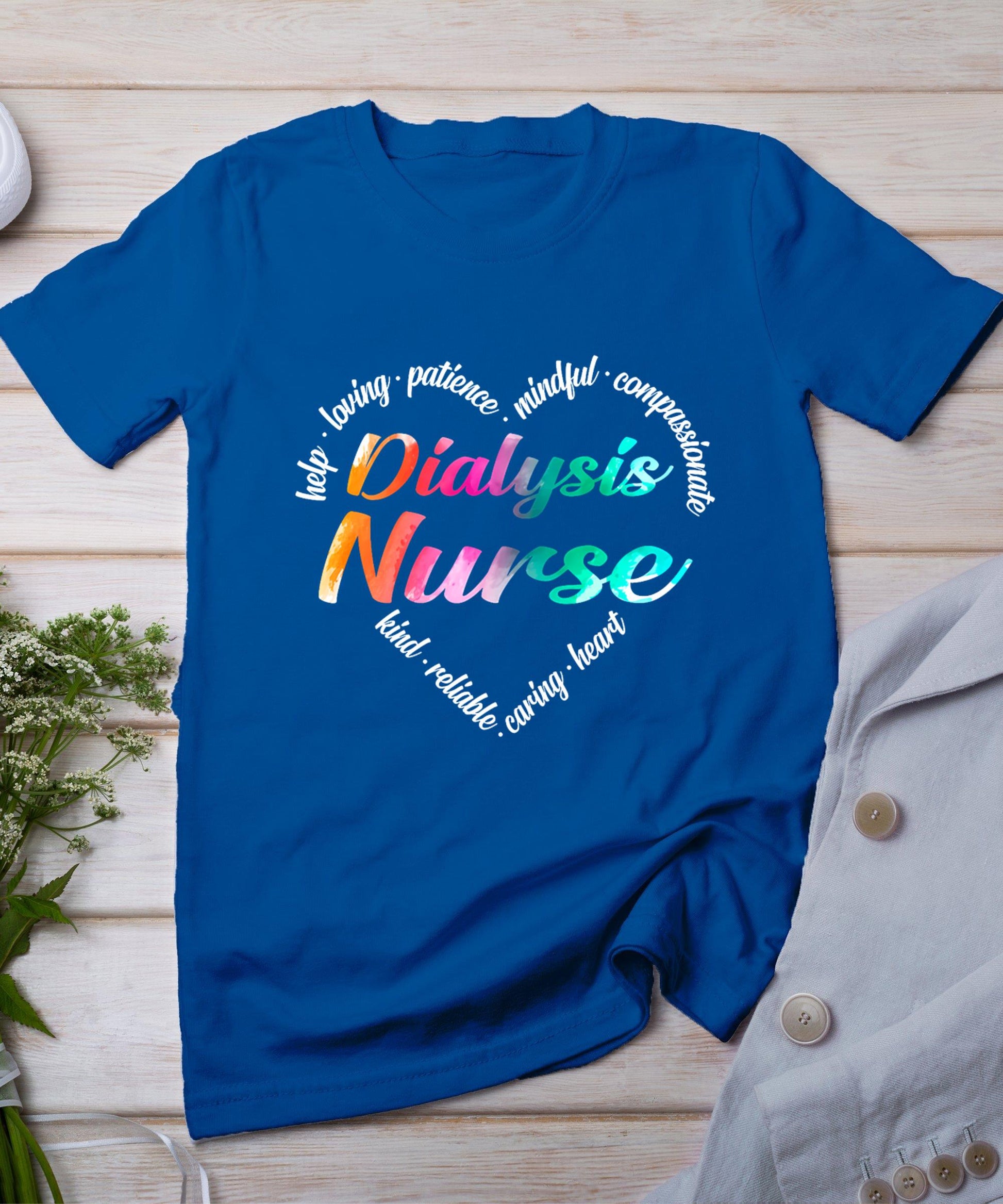 Dialysis Nurse Heart Word Cloud Watercolor Rainbow T-Shirt