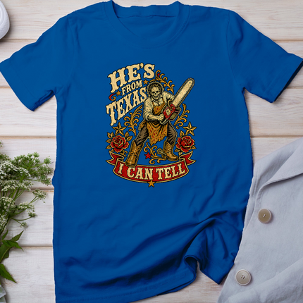 Hes from Texas I Can Tell Horror Skeleton Cowboy Halloween T-Shirt