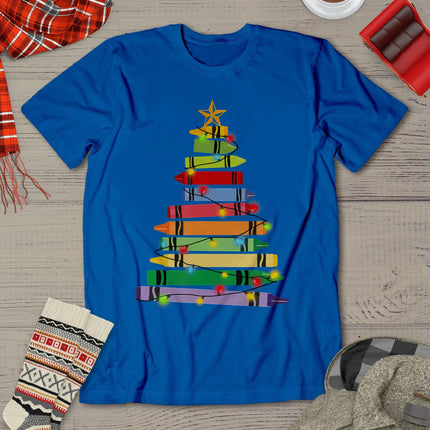 Teacher Christmas Tshirt Crayon Tree Light Gifts Student T-Shirt