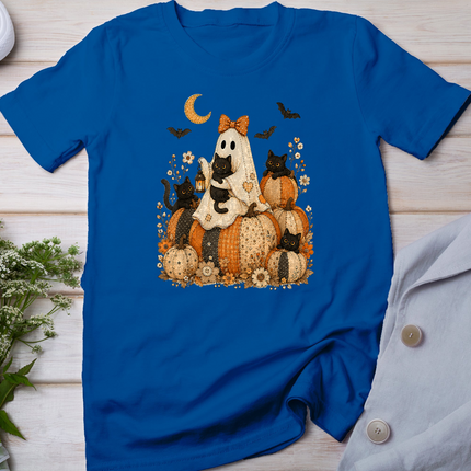 Cute Halloween Ghost Black Cat Pumpkin Patchwork Cat Mom T-Shirt