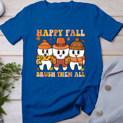 Happy Fall Brush Them All Teeth Thanksgiving Dental Dentist T-Shirt