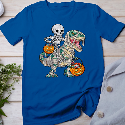 Skeleton Riding Mummy Dinosaur T Rex Halloween Funny Pumpkin T-Shirt