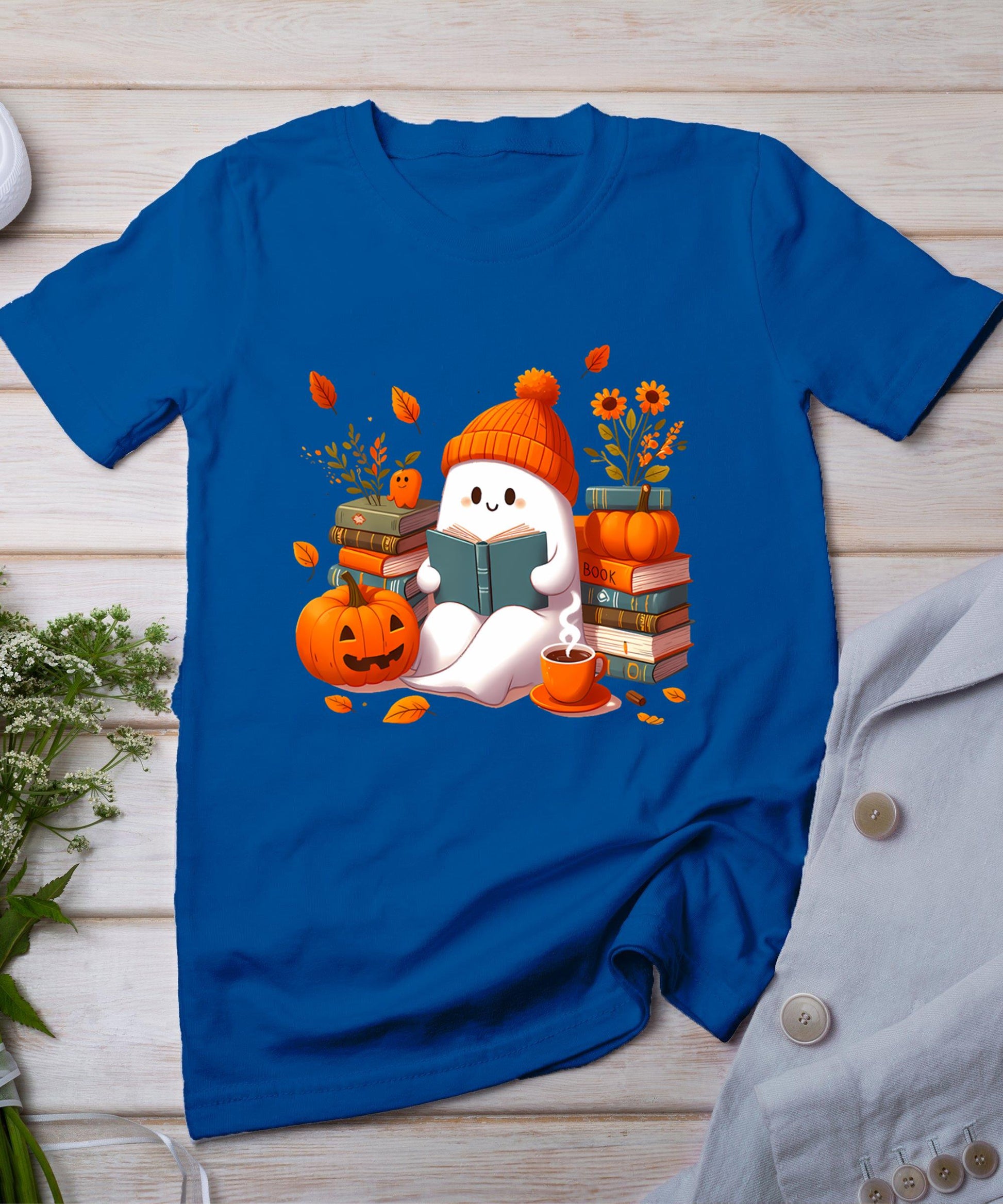 Cute Ghost Book Reading Halloween Books Lover Teacher Kids T-Shirt