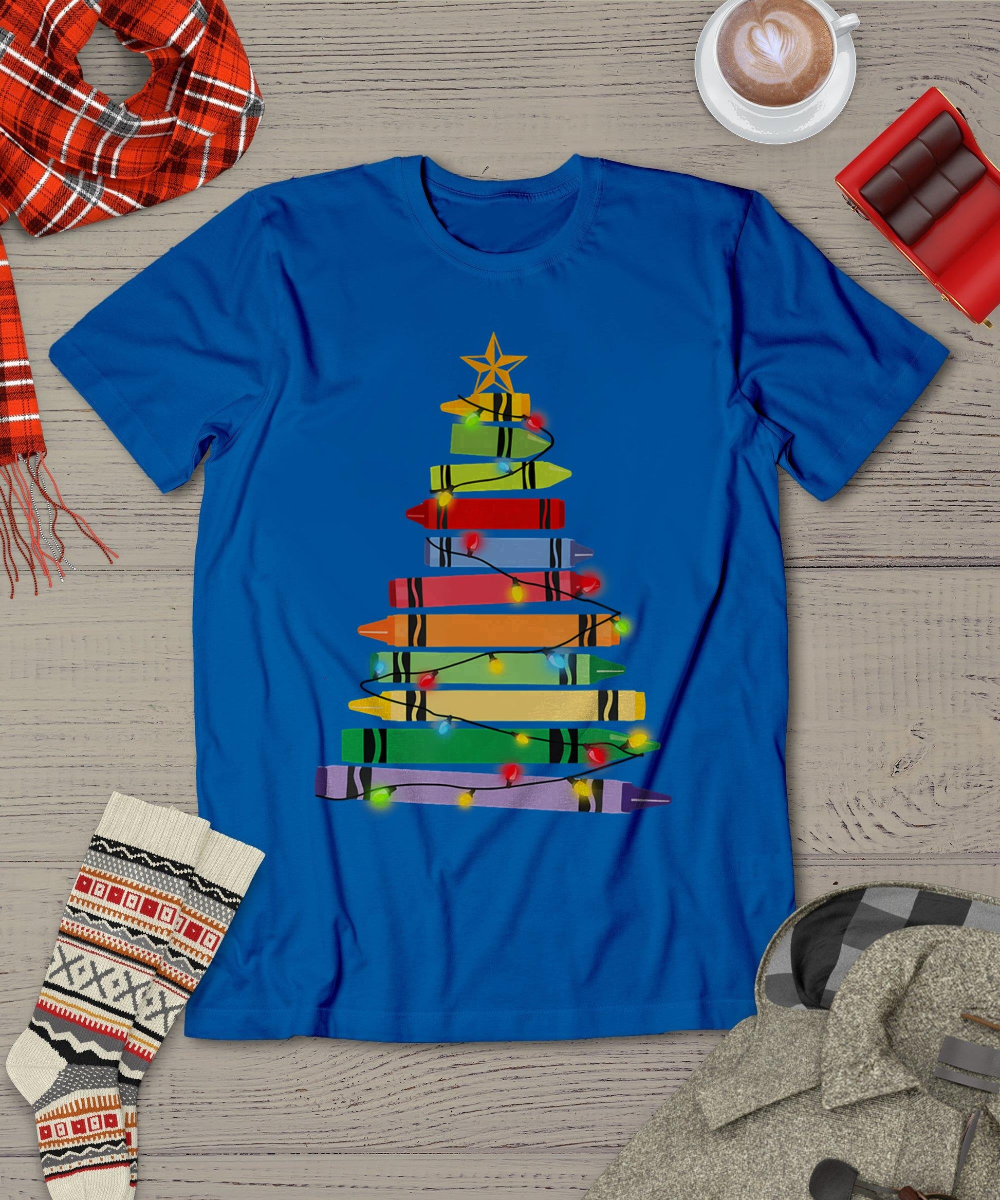 Teacher Christmas Tshirt Crayon Tree Light Gifts Student T-Shirt