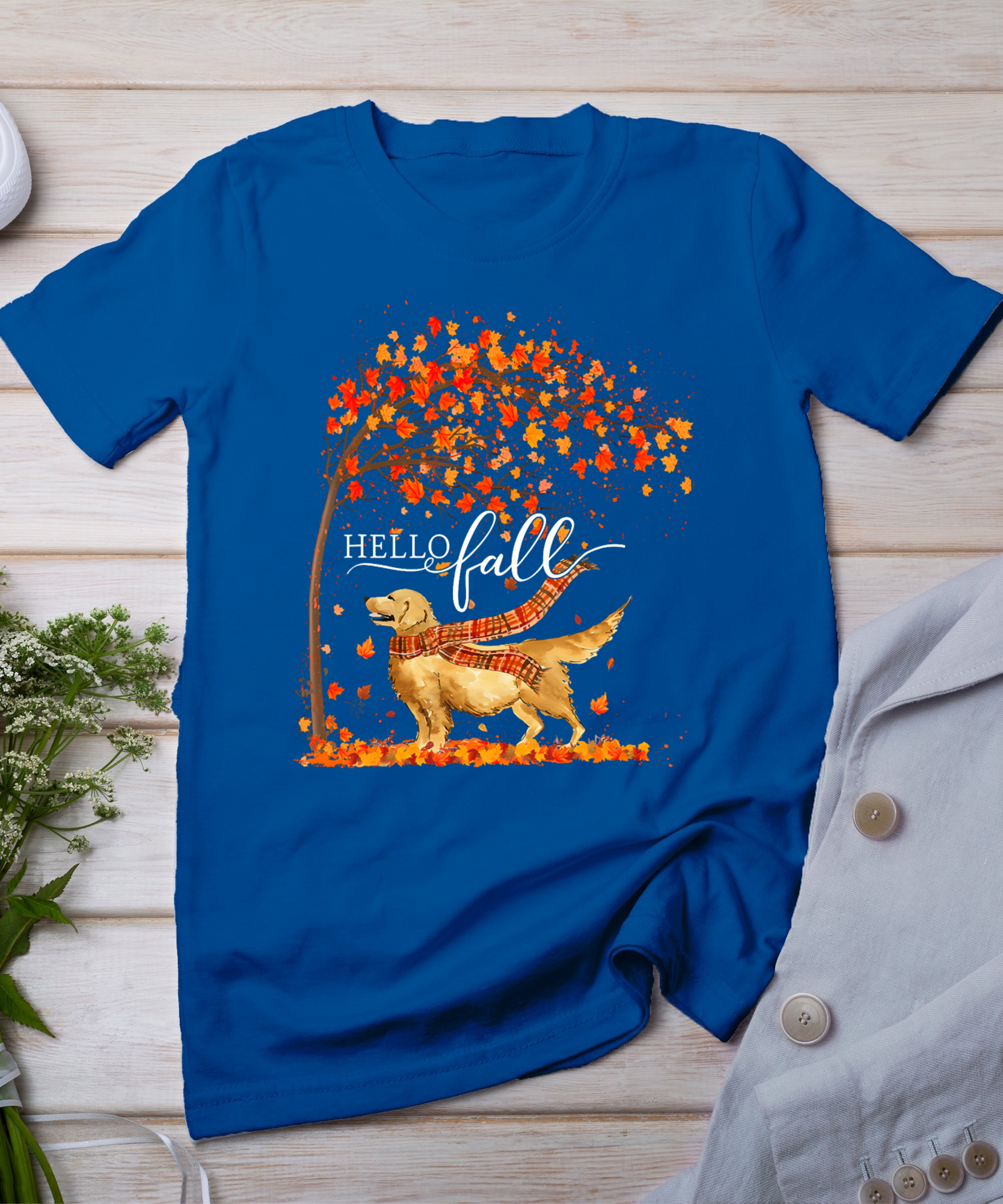 Hello Fall Tree Thanksgiving Dog Lover Golden Retriever T-Shirt