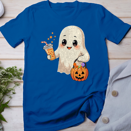 Cute Halloween Ghost With Candy Bucket And Boba Tea Kids T-Shirt