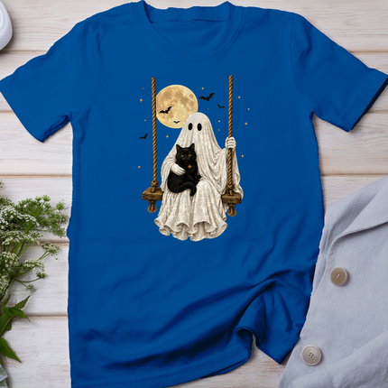 Ghost Holding Black Cat Retro Halloween Ghost Cozy Autumn T-Shirt
