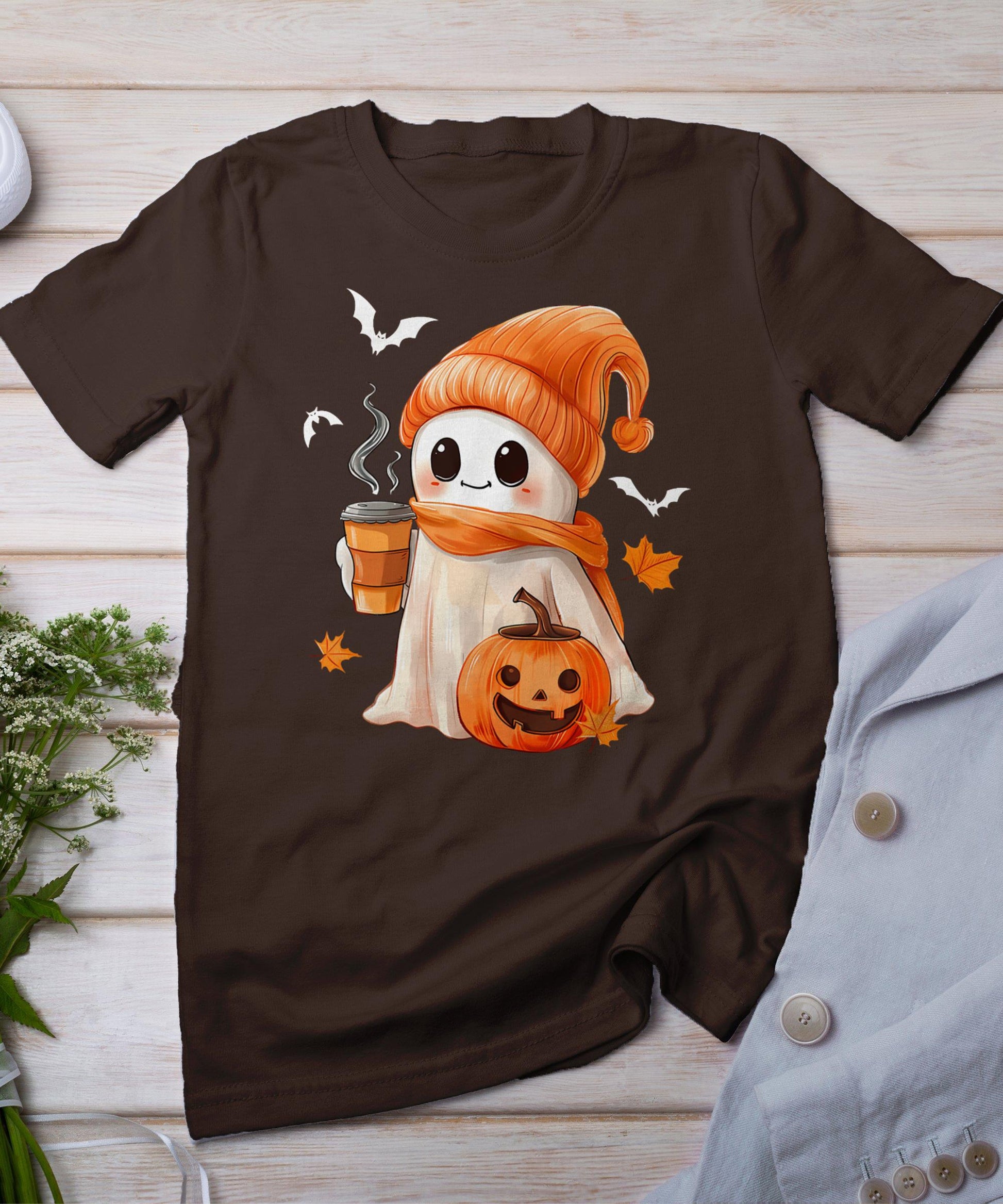 Cute Ghost Drinking Coffee Halloween Ghost Ice Coffee Womens T-Shirt