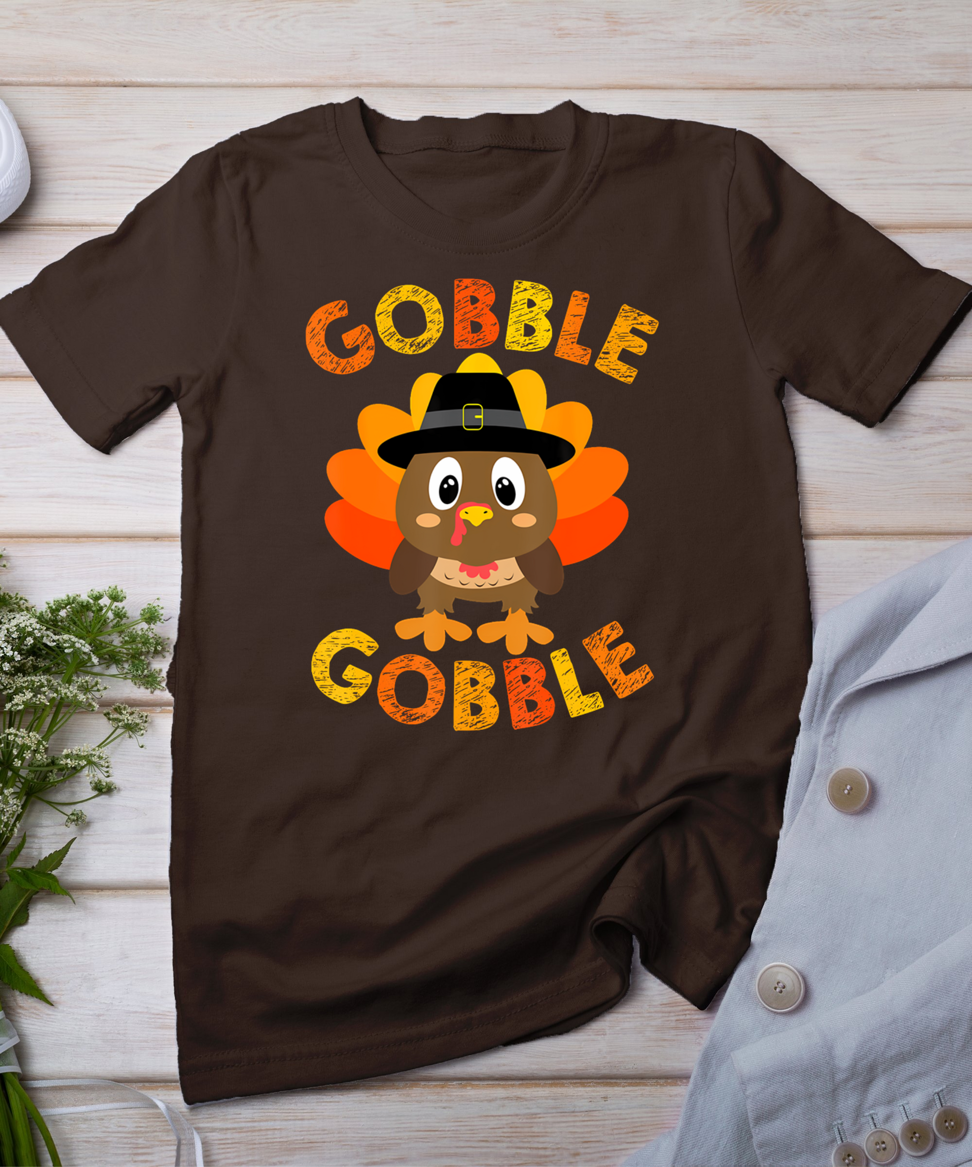 Cute Gobble Gobble Turkey Pilgrim Little Boys Thanksgiving T-Shirt