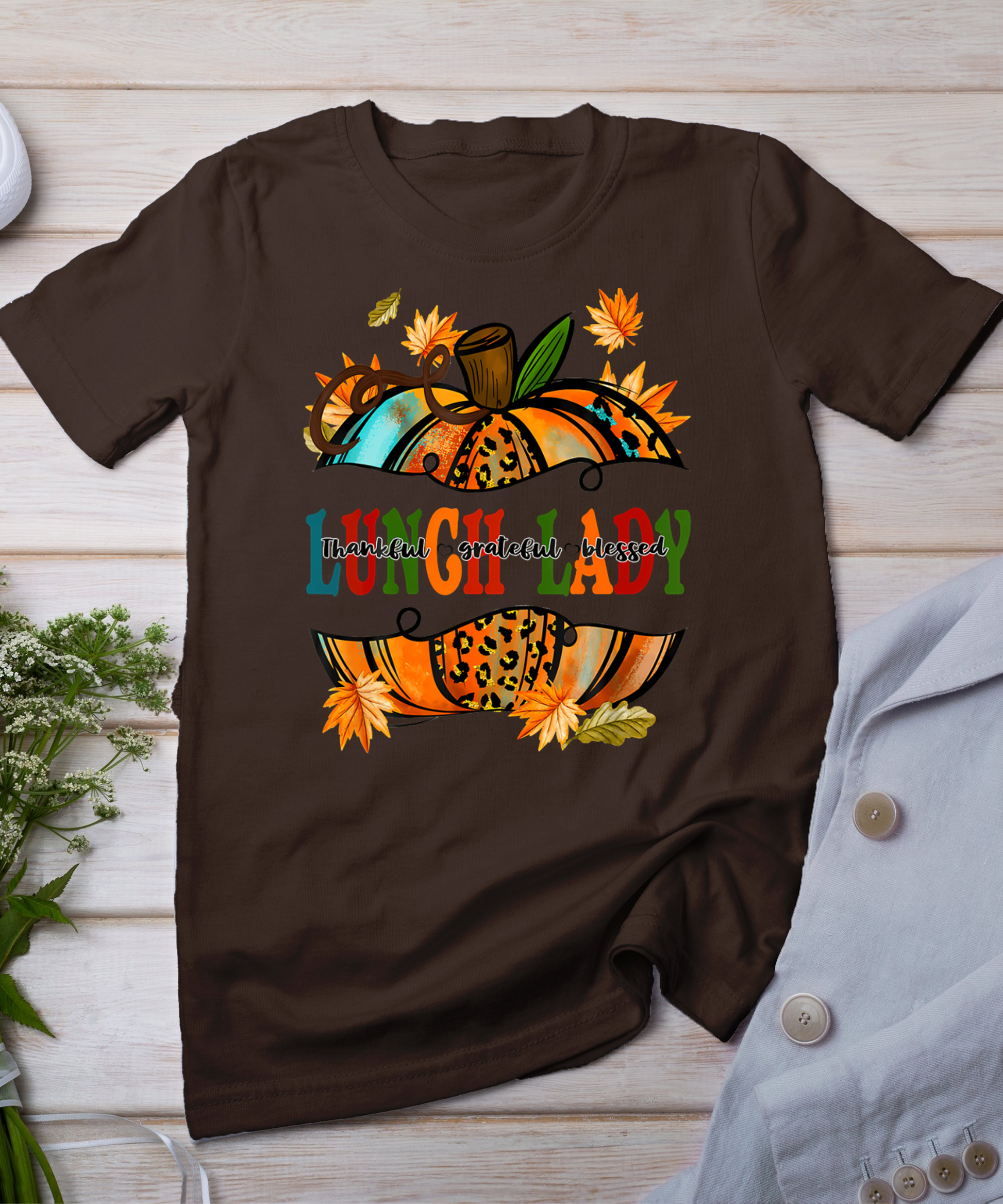 Leopard Pumpkin Fall Autumn Thanksgiving Lunch Lady Women T-Shirt