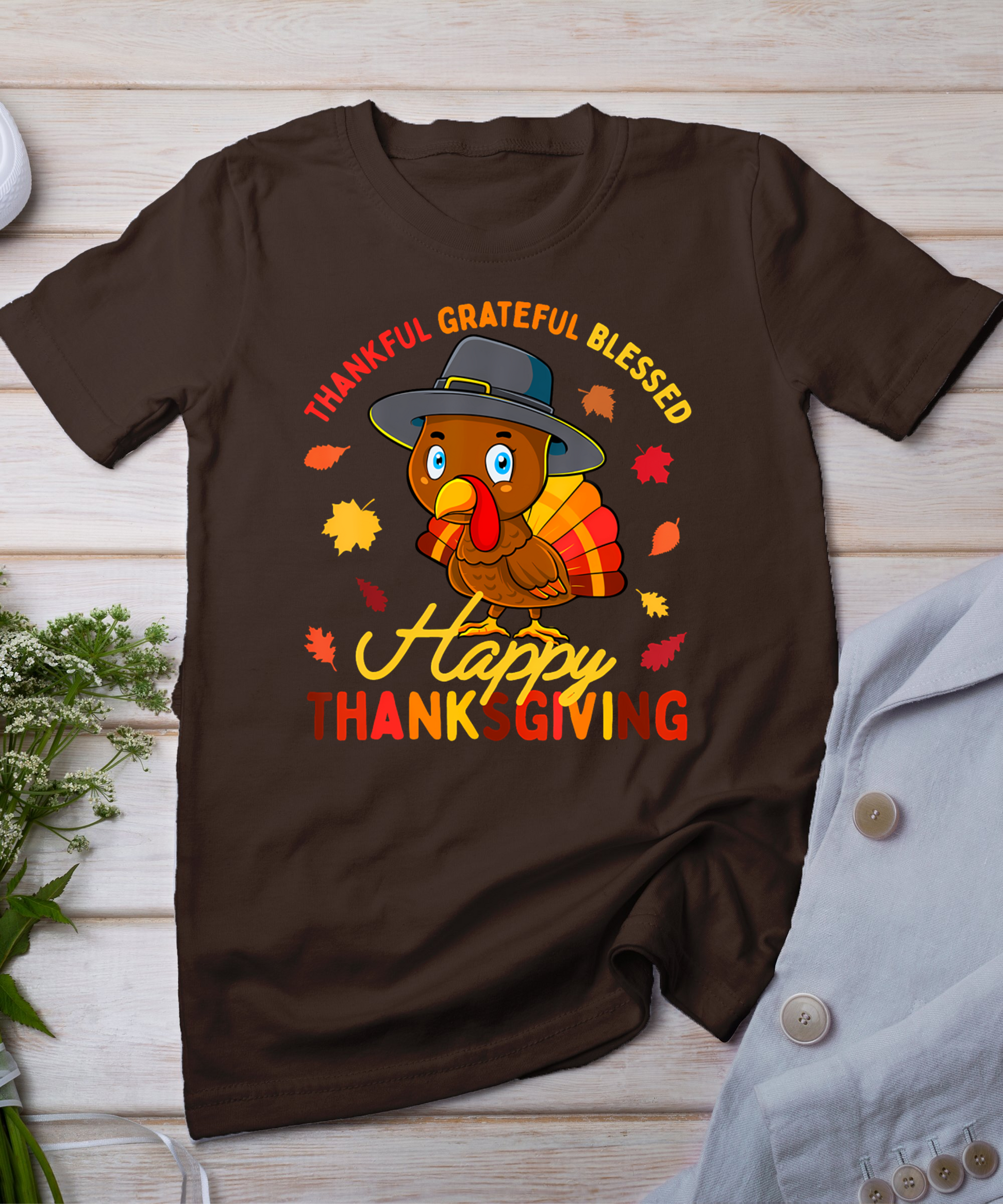 Thankful Grateful Blessed Thanksgiving Turkey Women Girls T-Shirt