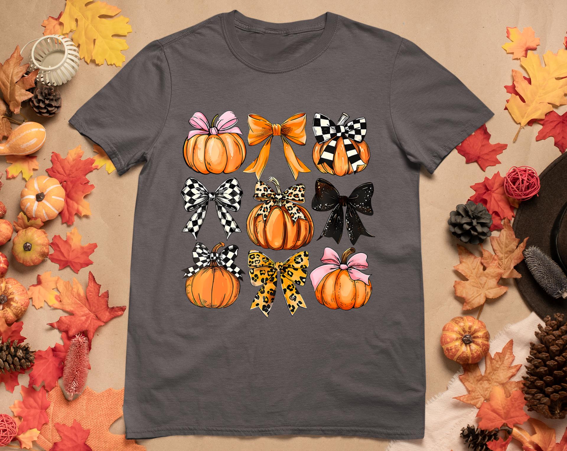 Cute Coquette Bows Pumpkin Season Halloween Autumn Fall T-Shirt