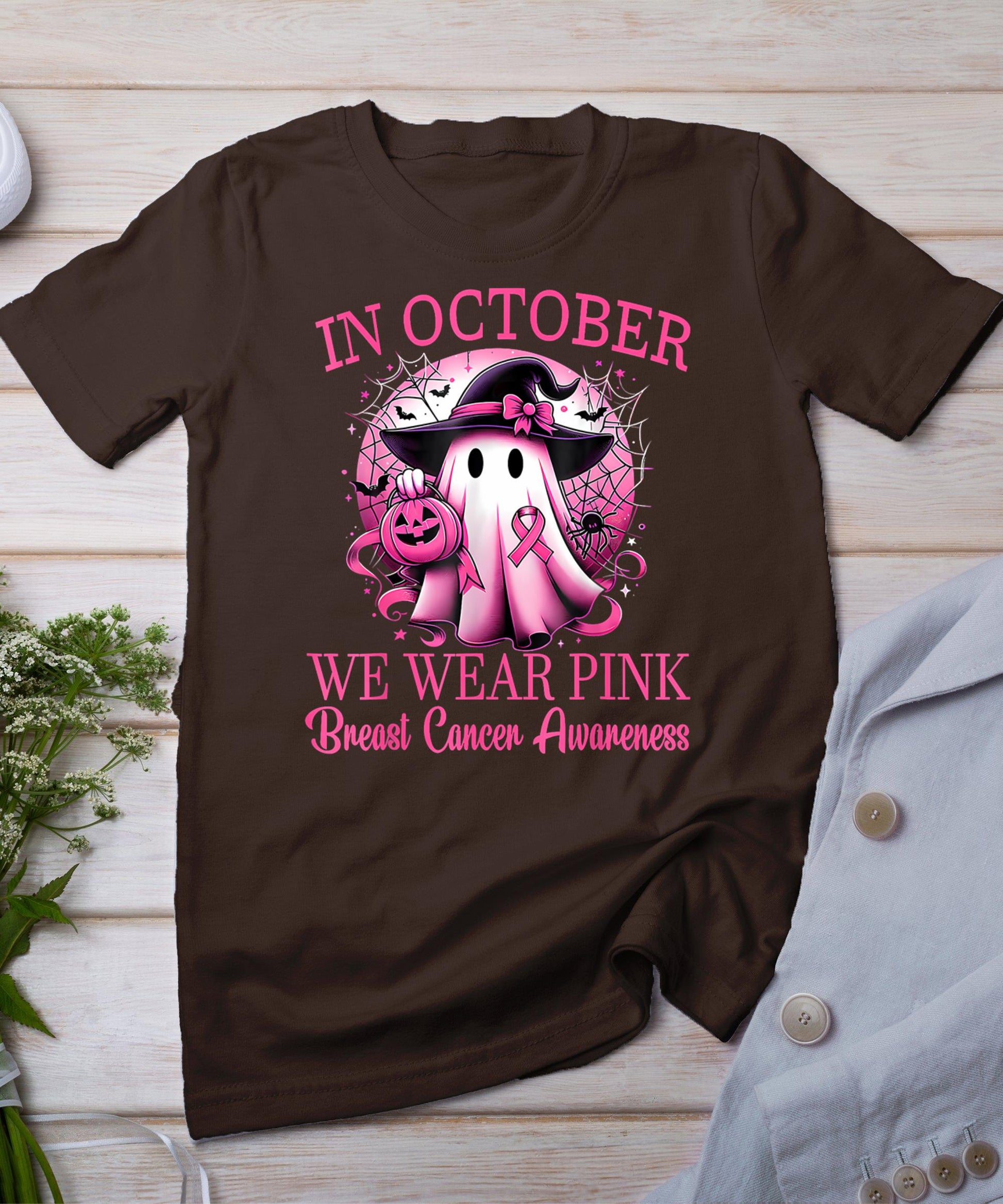 In October We Wear Pink Ghost Witch Breast Cancer Awareness T-Shirt