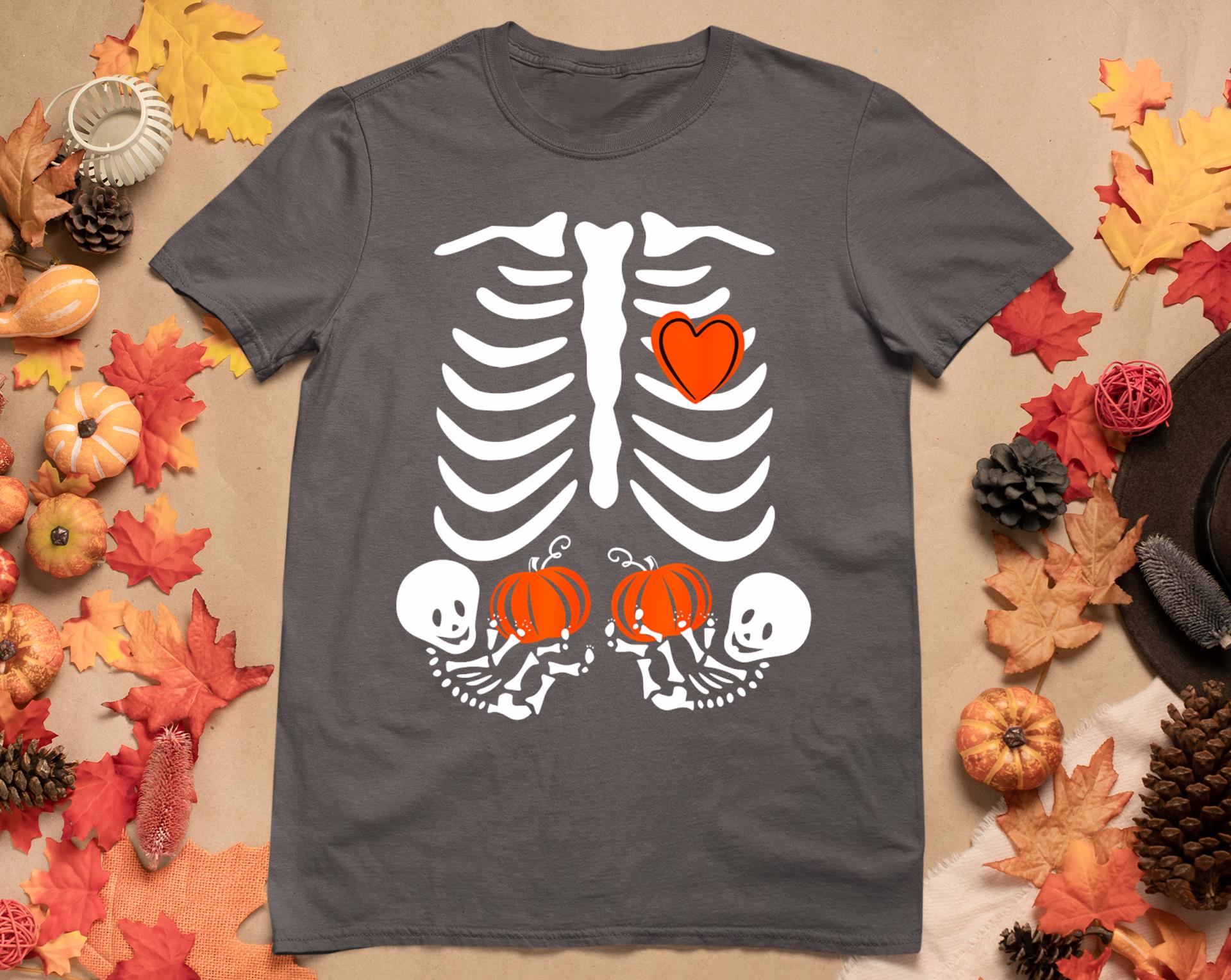 Skeleton Twin Pregnancy Announcement Halloween Pregnant Mom T-Shirt