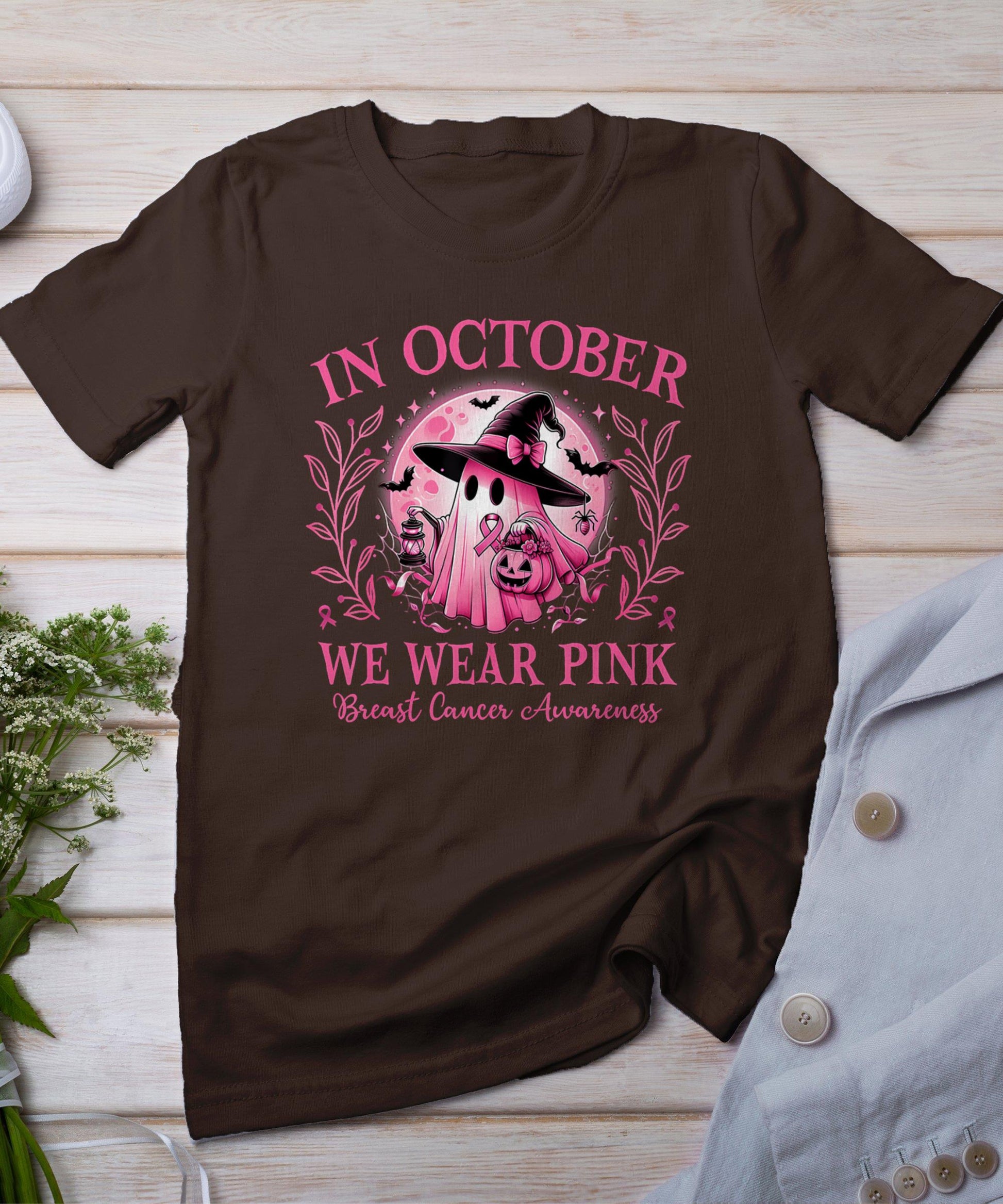 October We Wear Pink Breast Cancer Awareness Halloween Ghost T-Shirt