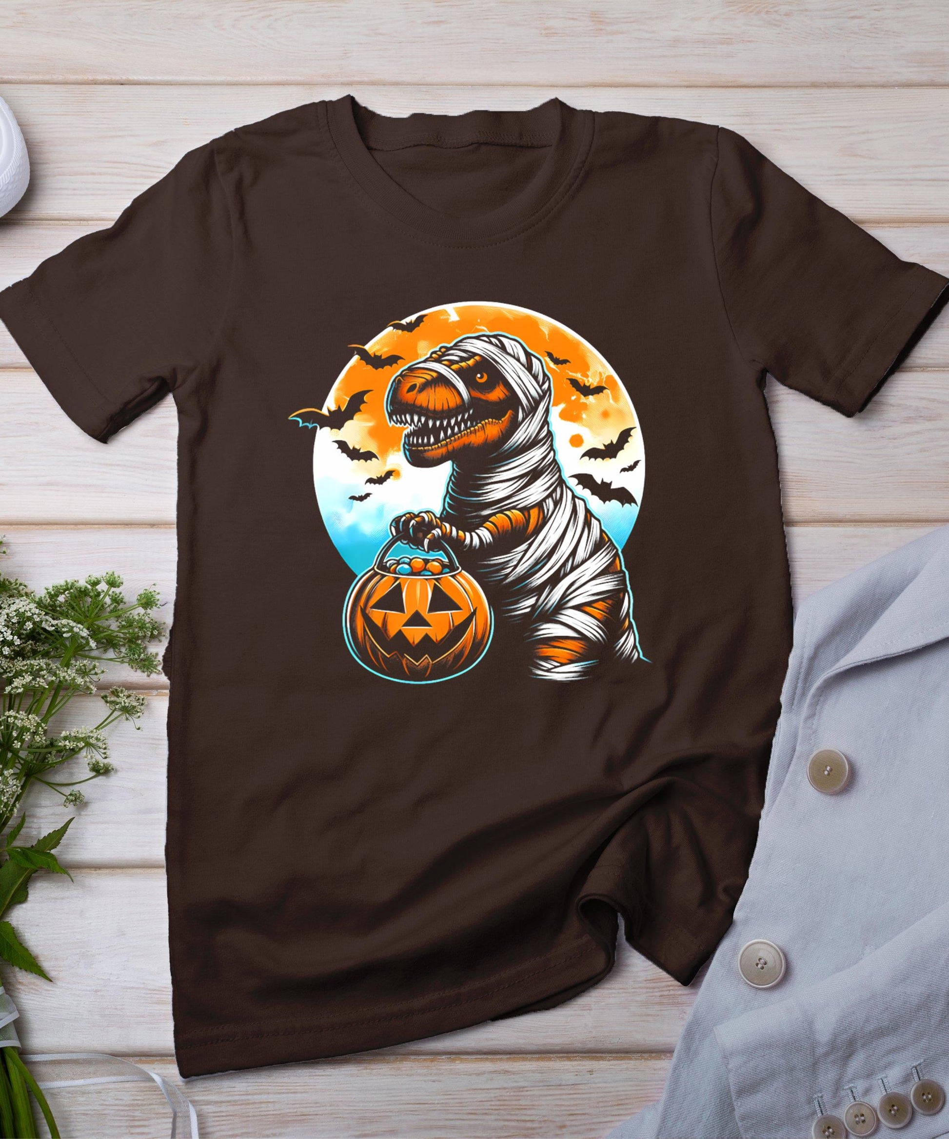 T Rex Dinosaur Mummy Pumpkin Bats Funny Retro Halloween Men T-Shirt