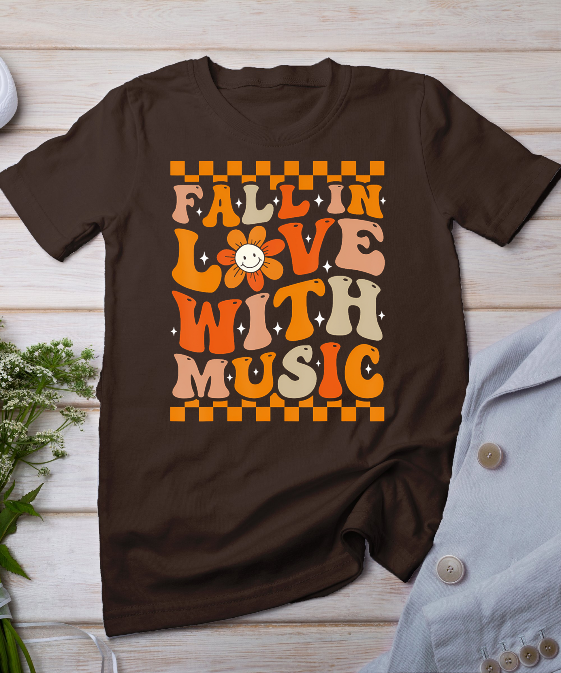 Fall In Love With Music Groovy Thanksgiving Music Teacher T-Shirt