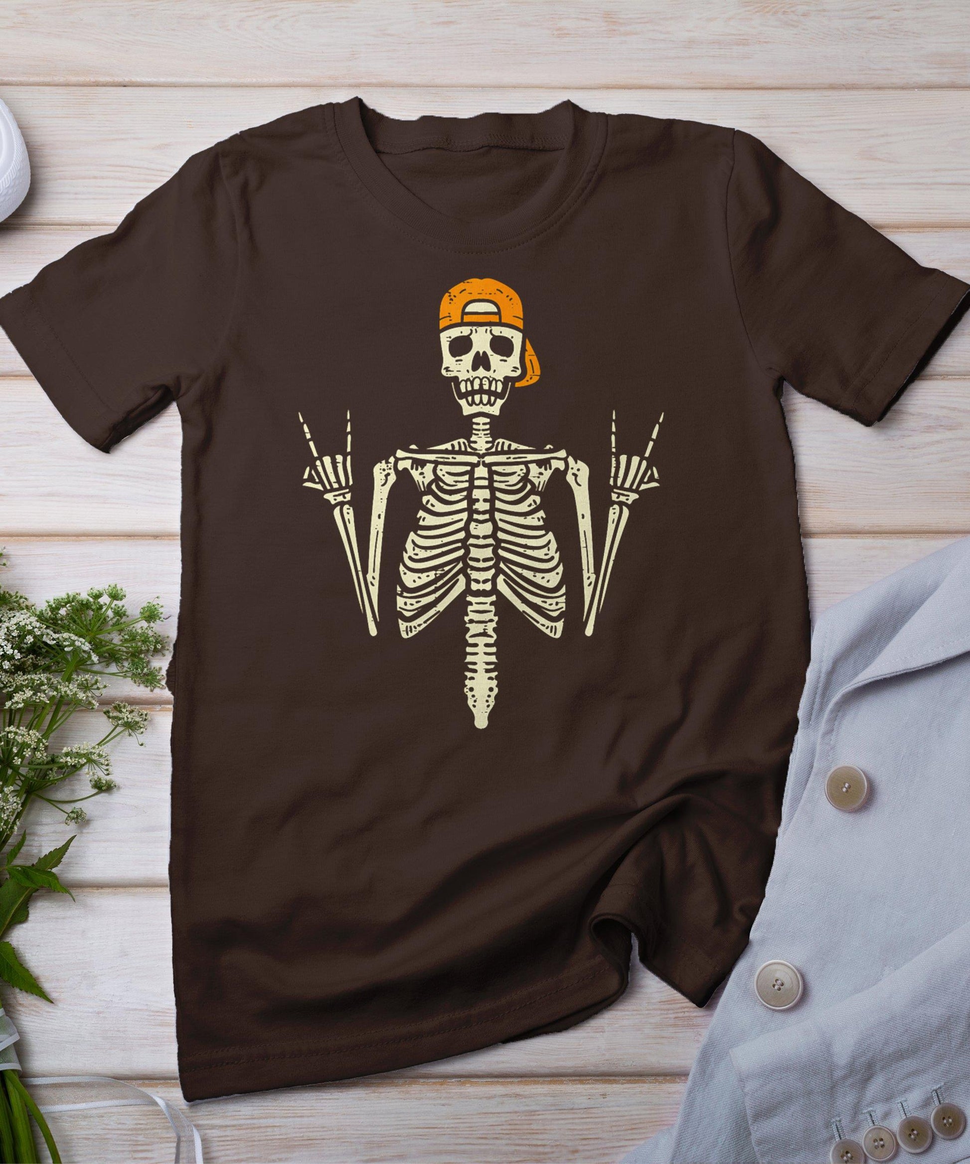 Rocker Skeleton Cap Skater Cool Halloween Punk Rock Men Boys T-Shirt