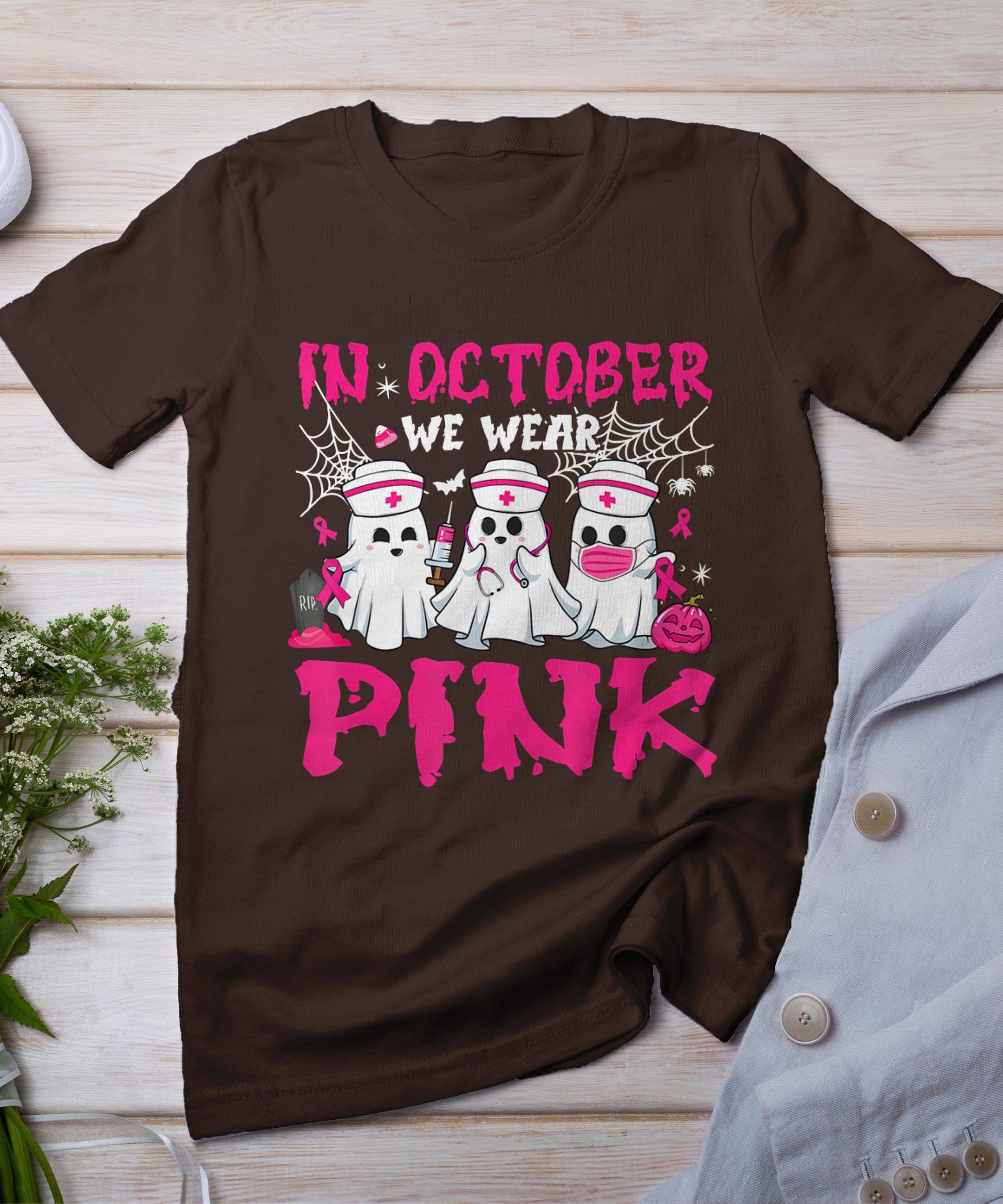 In October We Wear Pink Nurse Ghost Halloween Breast Cancer T-Shirt