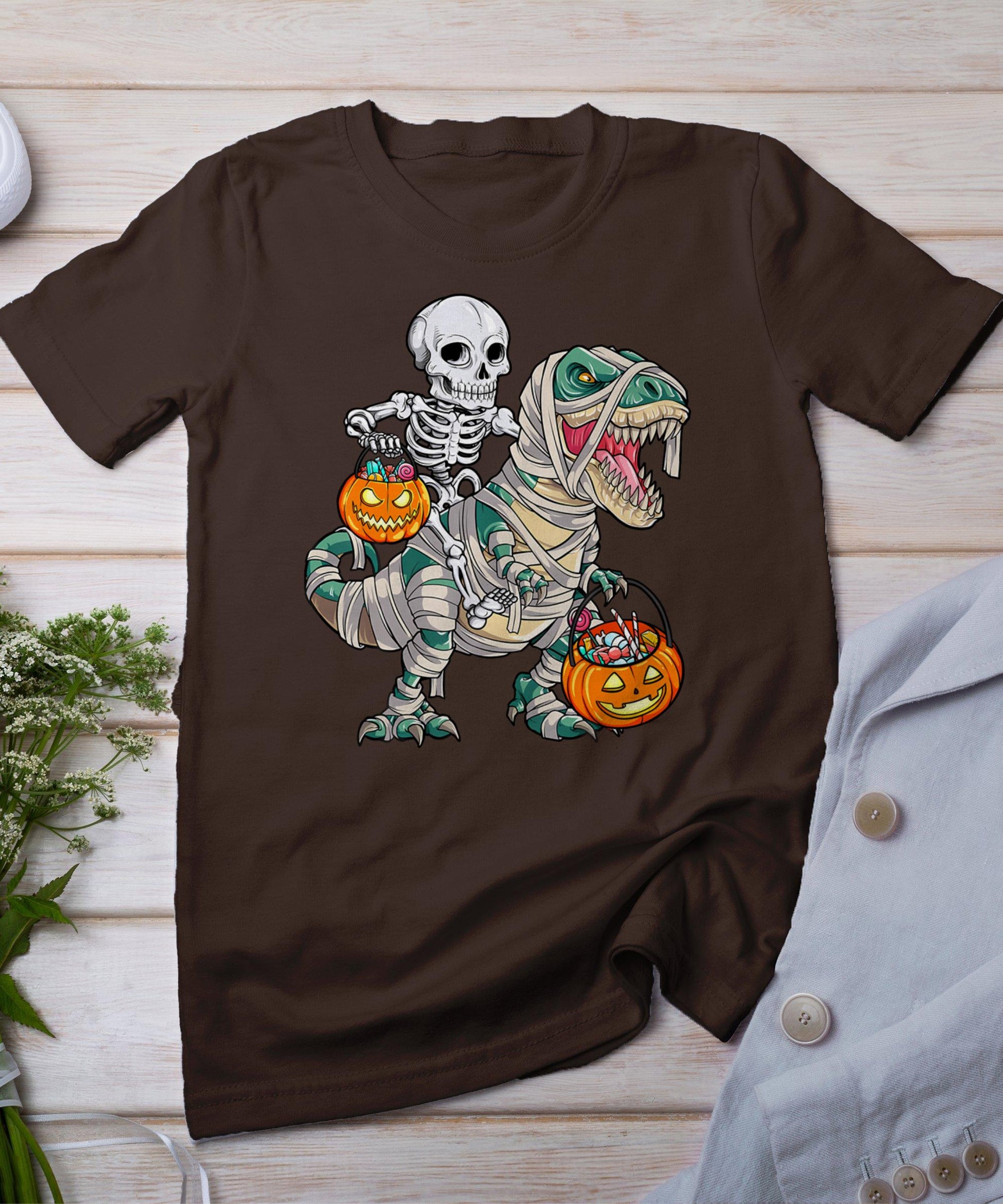 Skeleton Riding Mummy Dinosaur T Rex Halloween Funny Pumpkin T-Shirt