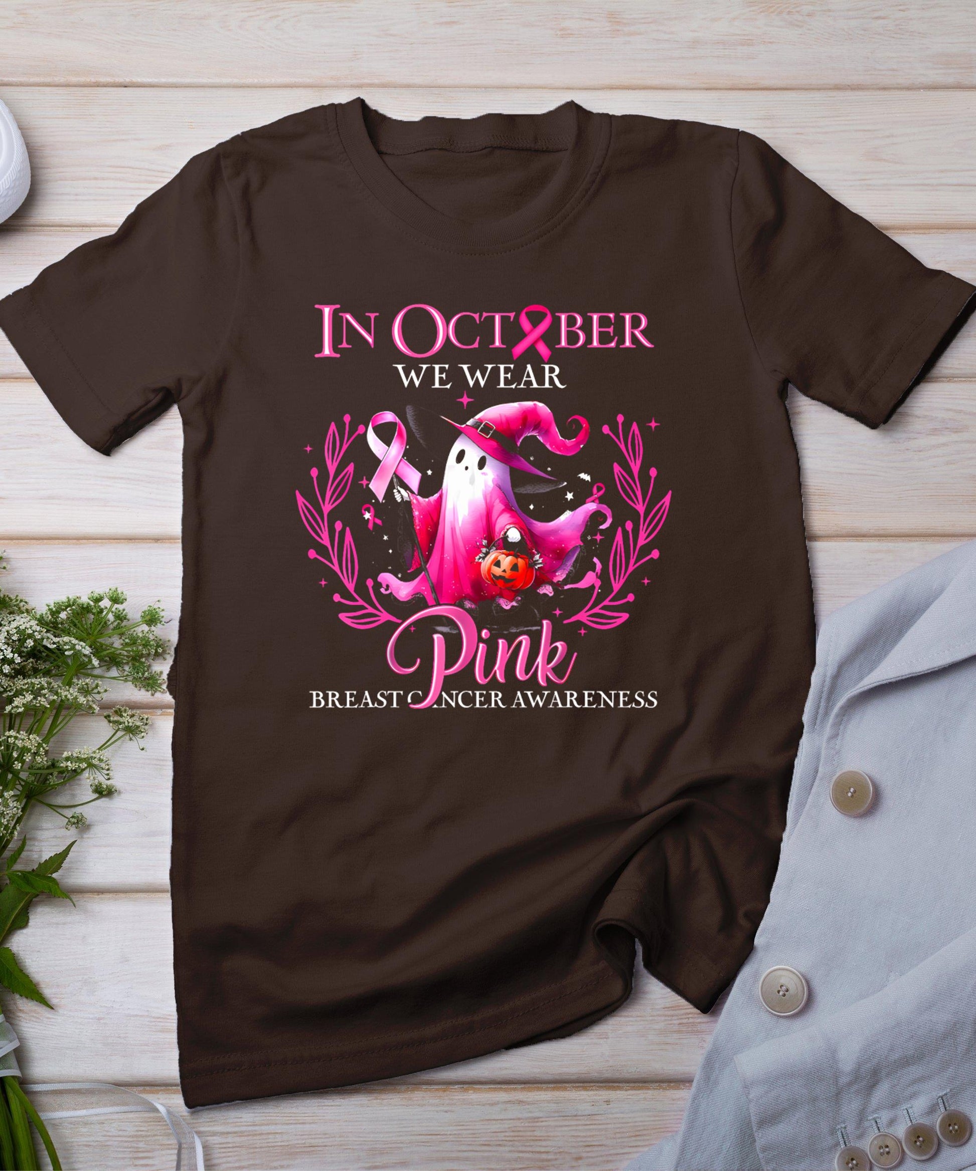 In October We Wear Pink Ghost Witch Breast Cancer Awareness T-Shirt