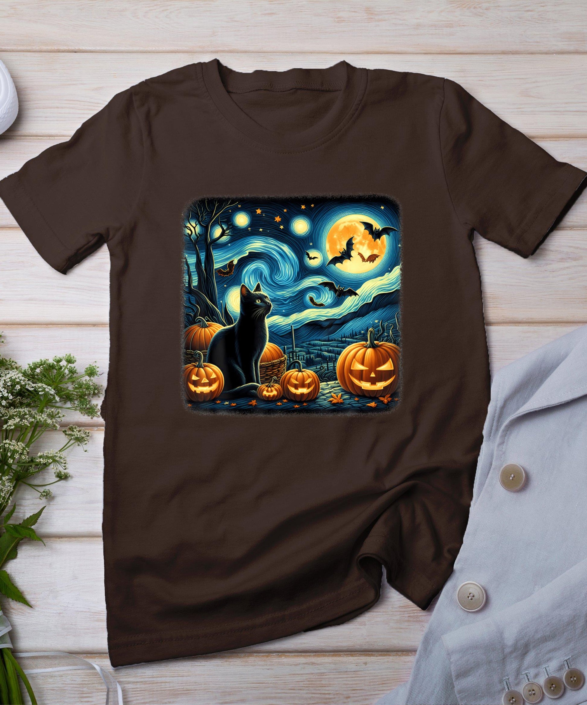 Van Gogh Starry Night Black Cat Halloween Pumpkin Cat Lover T-Shirt