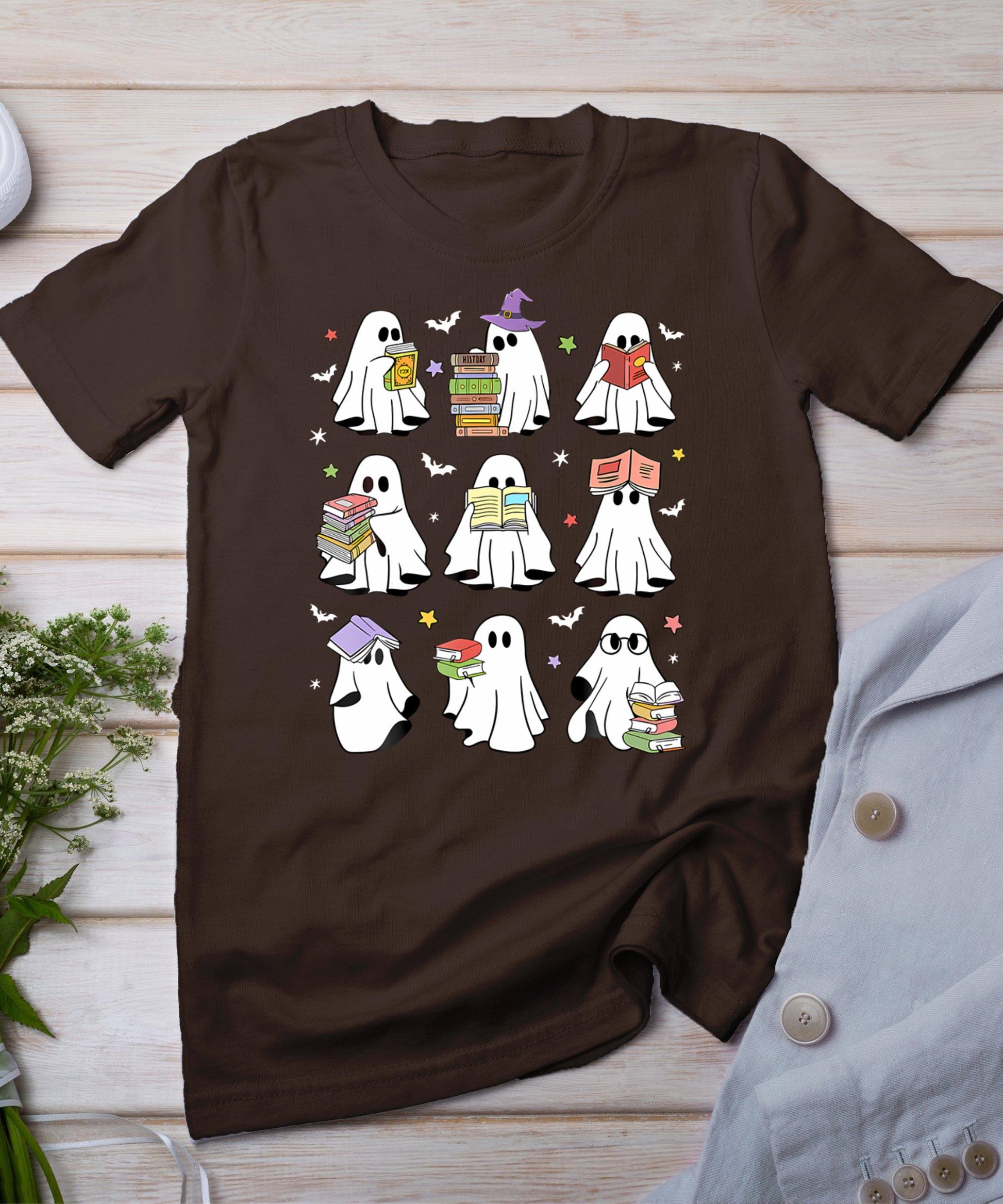 Cute Ghost Book Reading Halloween Books Lover Teacher Kids T-Shirt