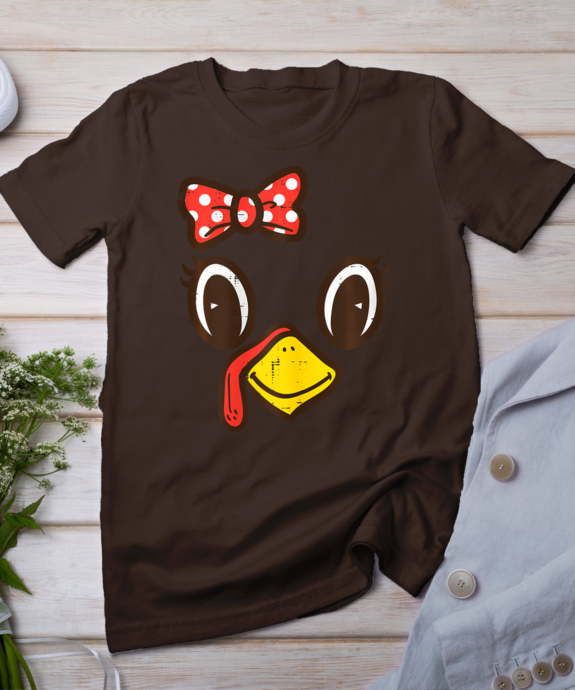 Cute Turkey Face Ribbon Thanksgiving Kid Toddler Girls Women T-Shirt