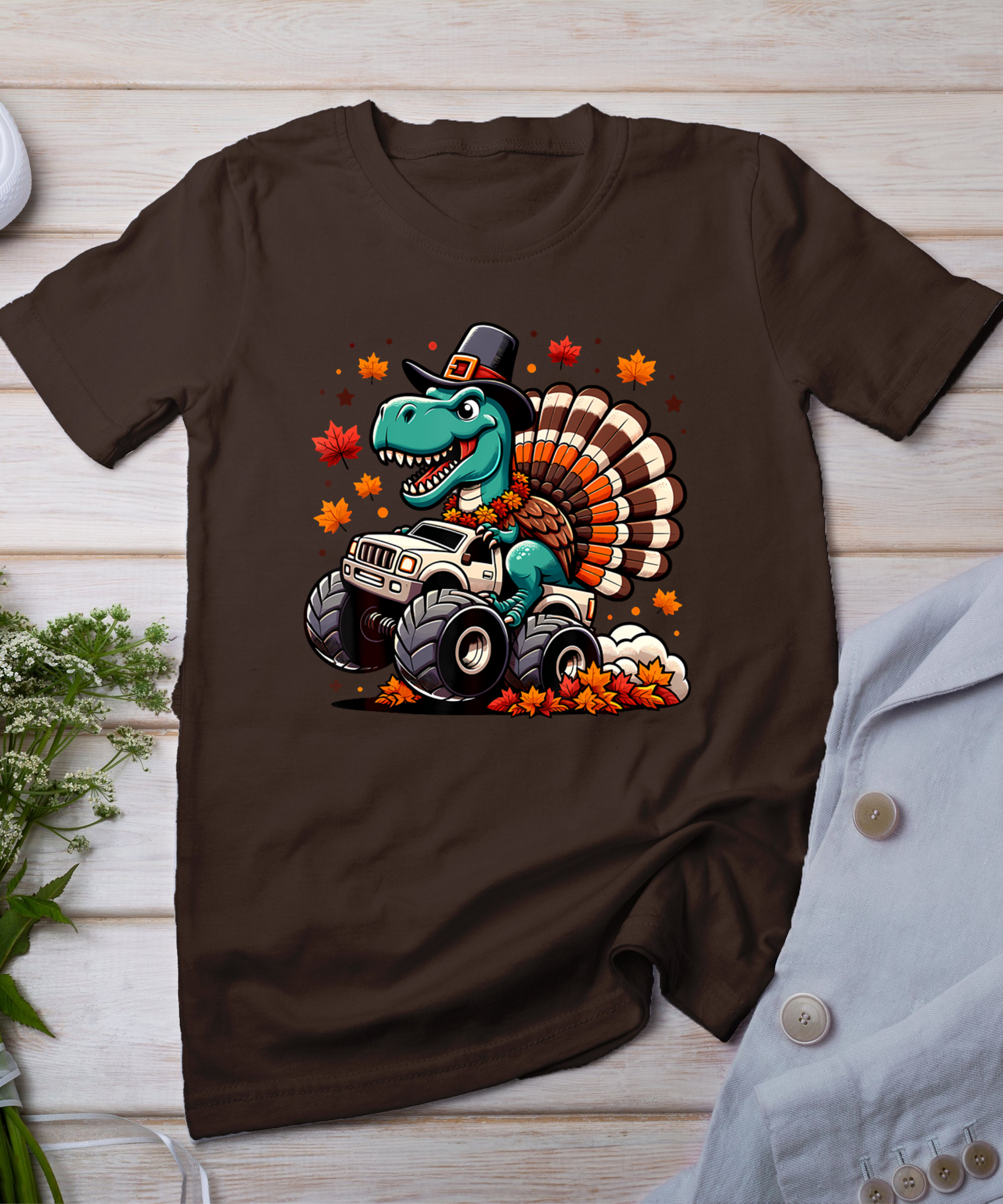 Thanksgiving Shirts Boys Kids Dinosaur T Rex Monster Truck T-Shirt