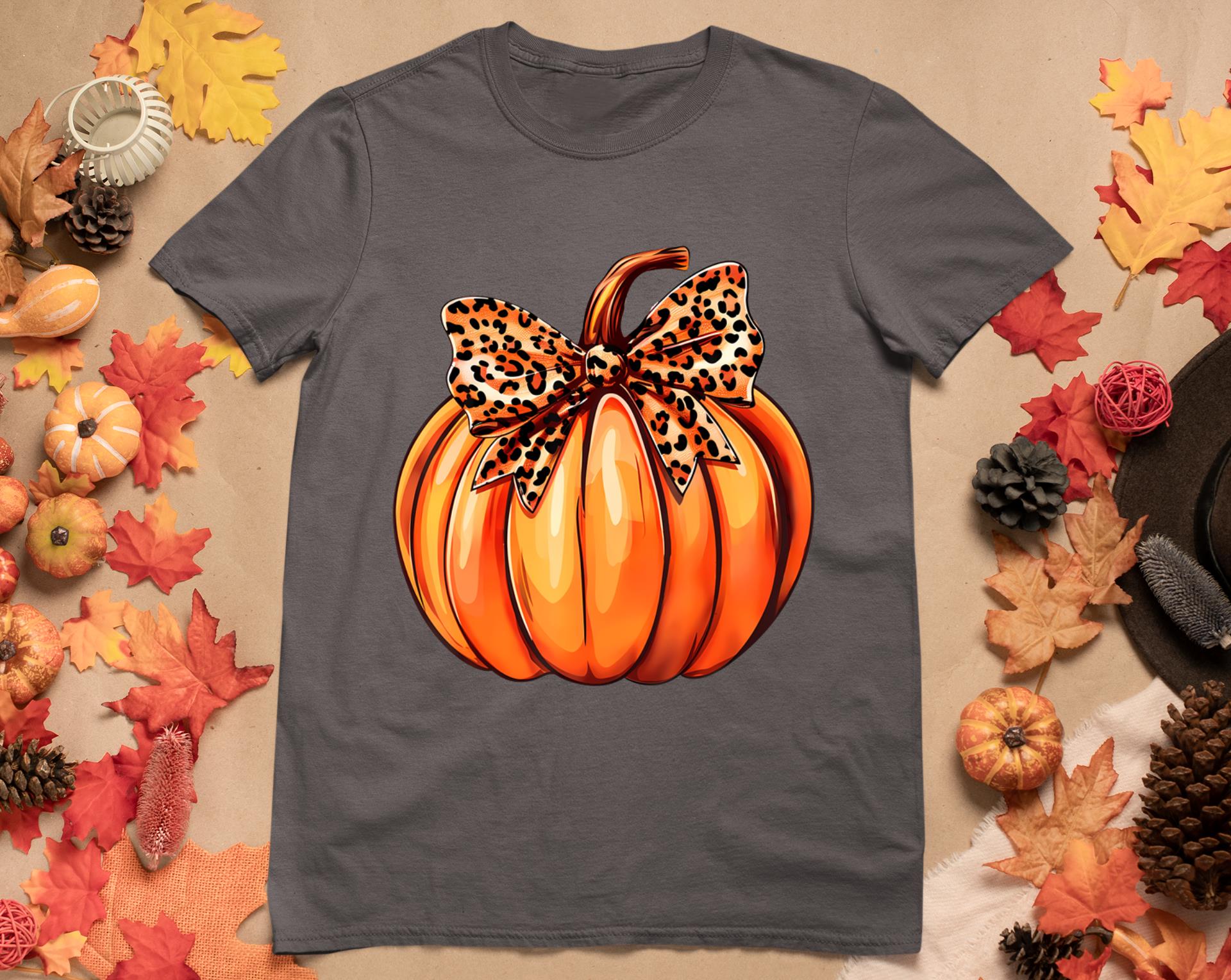 Coquette Bow Leopard Pumpkin Thanksgiving Rustic Fall Women T-Shirt