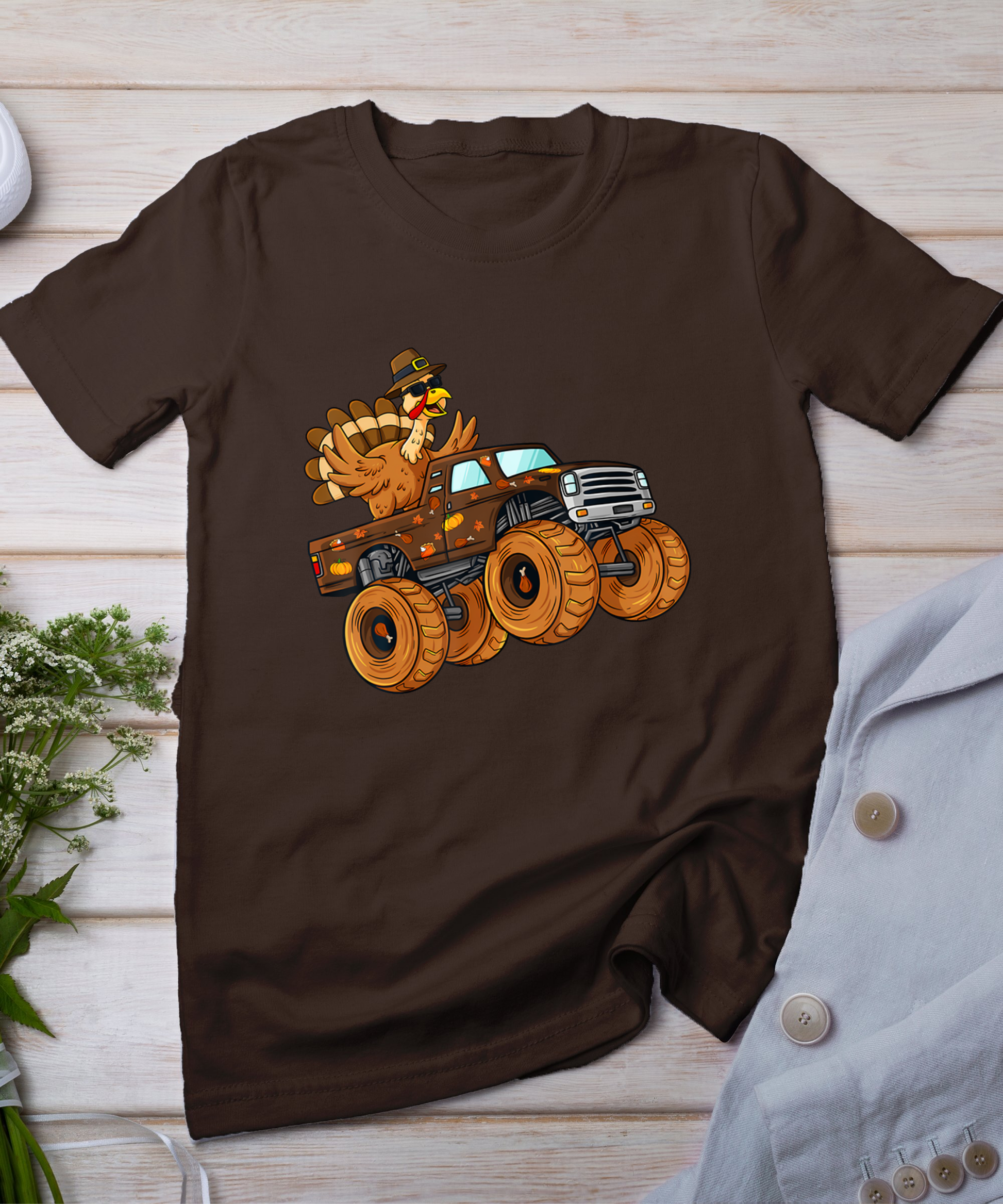 Thanksgiving Turkey Riding Monster Truck Boys Kids T-Shirt