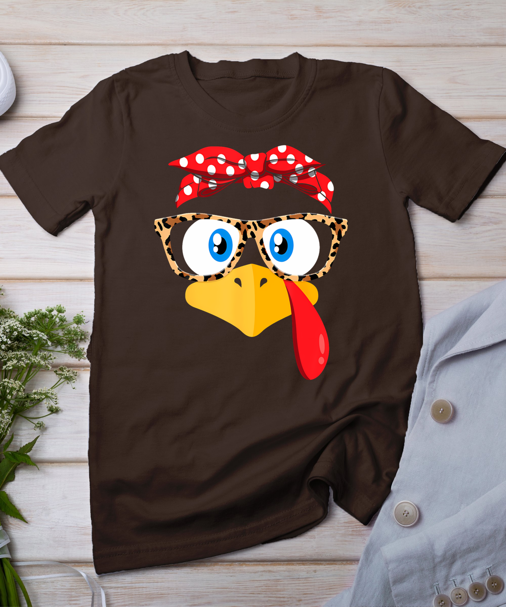 Thanksgiving Turkey Face Leopard Print Glasses Women Girls T-Shirt