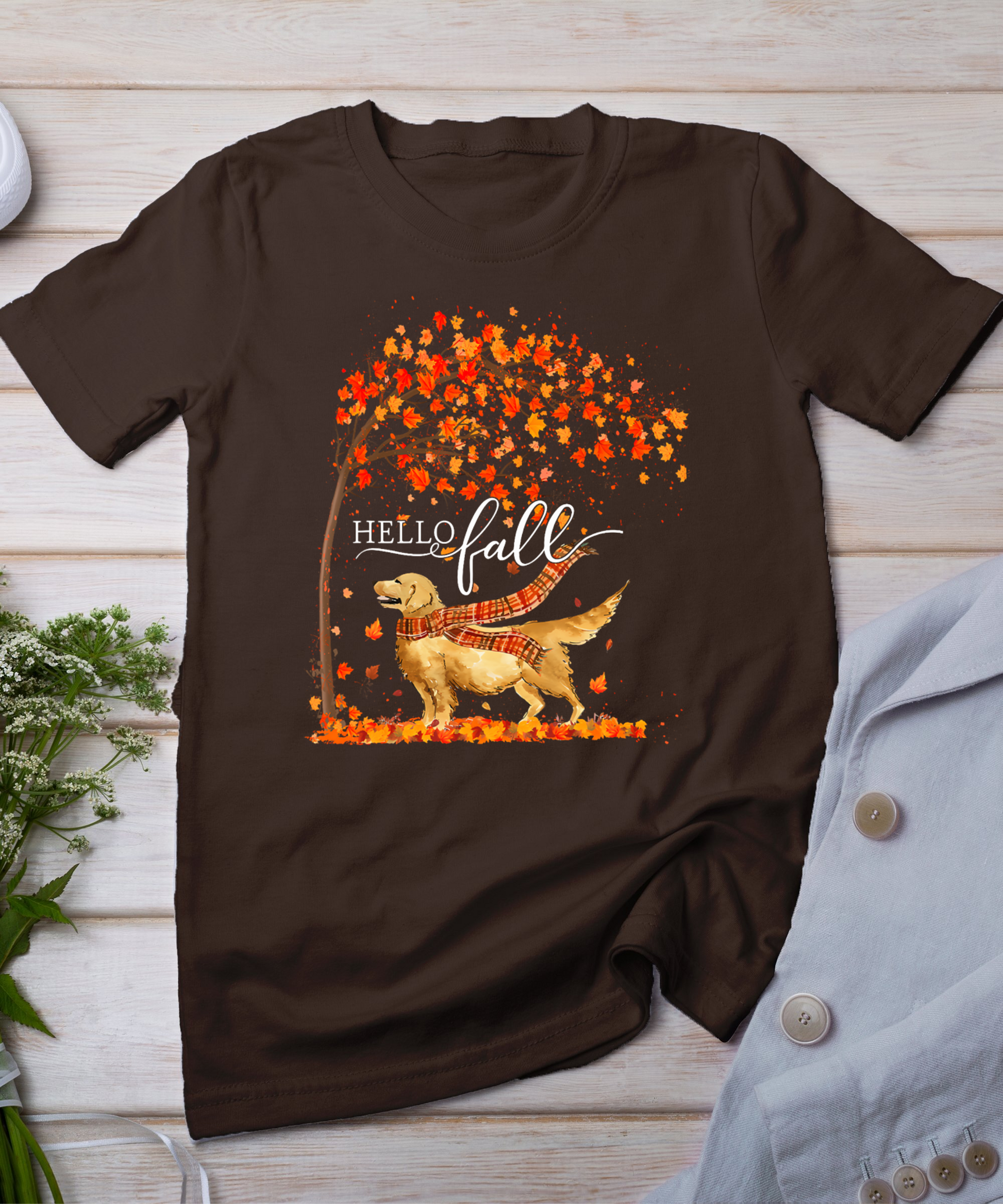 Hello Fall Tree Thanksgiving Dog Lover Golden Retriever T-Shirt