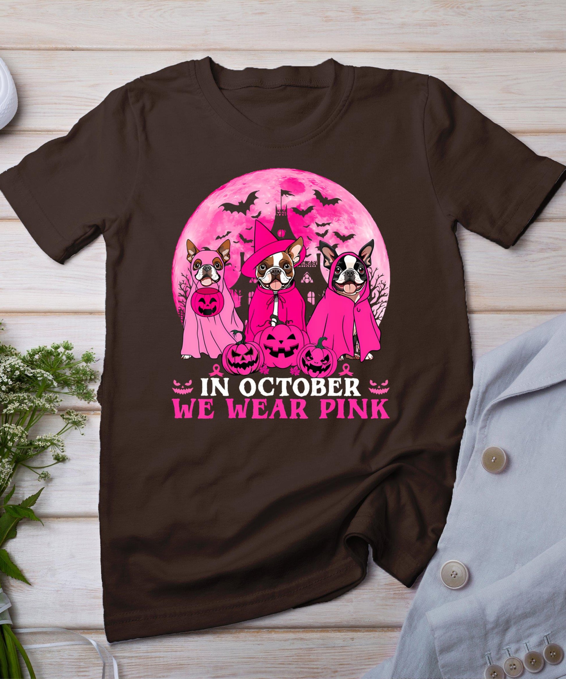 Ghost And Witch Boston Terrier Dog In October We Wear Pink T-Shirt