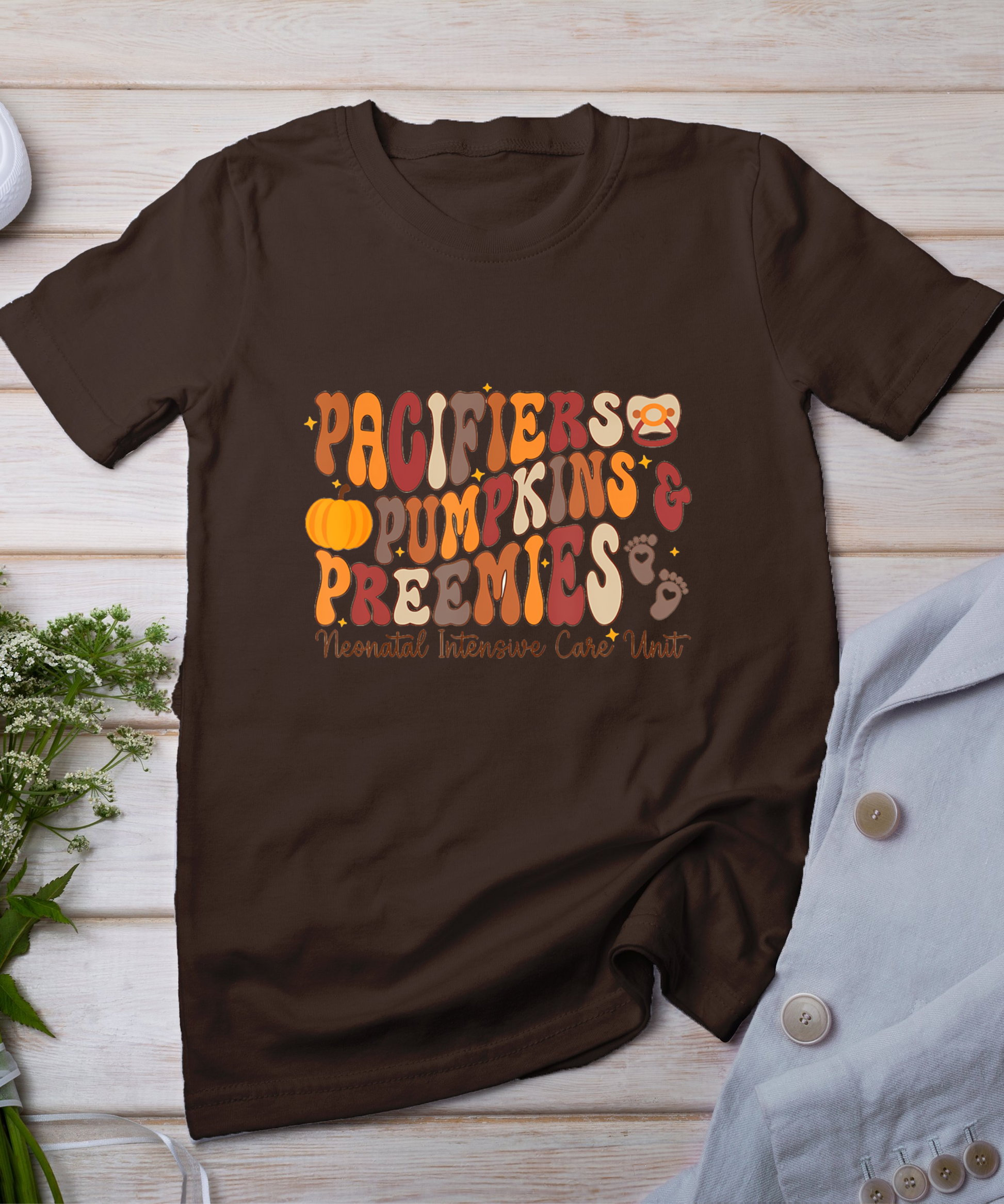 Retro Pacifiers Pumpkins Preemies Thanksgiving Nicu Nurse T-Shirt