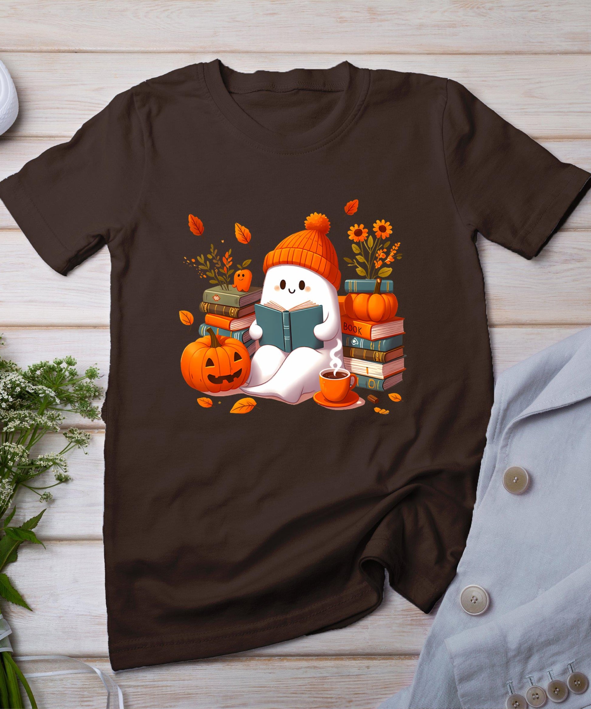 Cute Ghost Book Reading Halloween Books Lover Teacher Kids T-Shirt