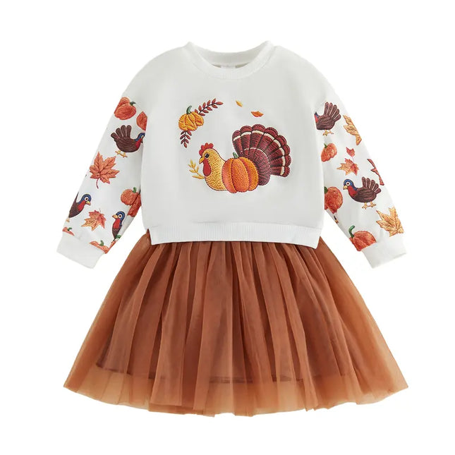 Kids Toddler Baby Girl Thanksgiving Outfit Turkey Print Long Sleeve Sweatshirt Dress Mesh Tulle Dresses Fall Clothes