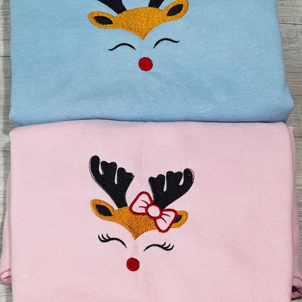 Christmas Couple Reindeer Embroidery Sweatshirt, Xmas Embroidery Sweater.