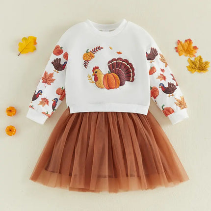 Kids Toddler Baby Girl Thanksgiving Outfit Turkey Print Long Sleeve Sweatshirt Dress Mesh Tulle Dresses Fall Clothes
