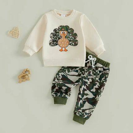 Toddler Baby Little Boy Thanksgiving Outfit Turkey Print Sweatshirt and Camouflage Pants Set Fall Winter 6M-4T