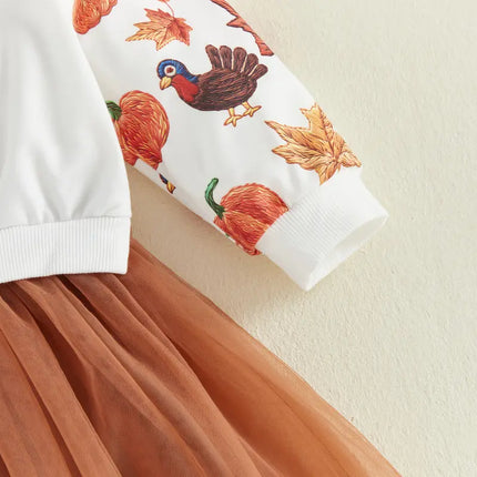 Kids Toddler Baby Girl Thanksgiving Outfit Turkey Print Long Sleeve Sweatshirt Dress Mesh Tulle Dresses Fall Clothes