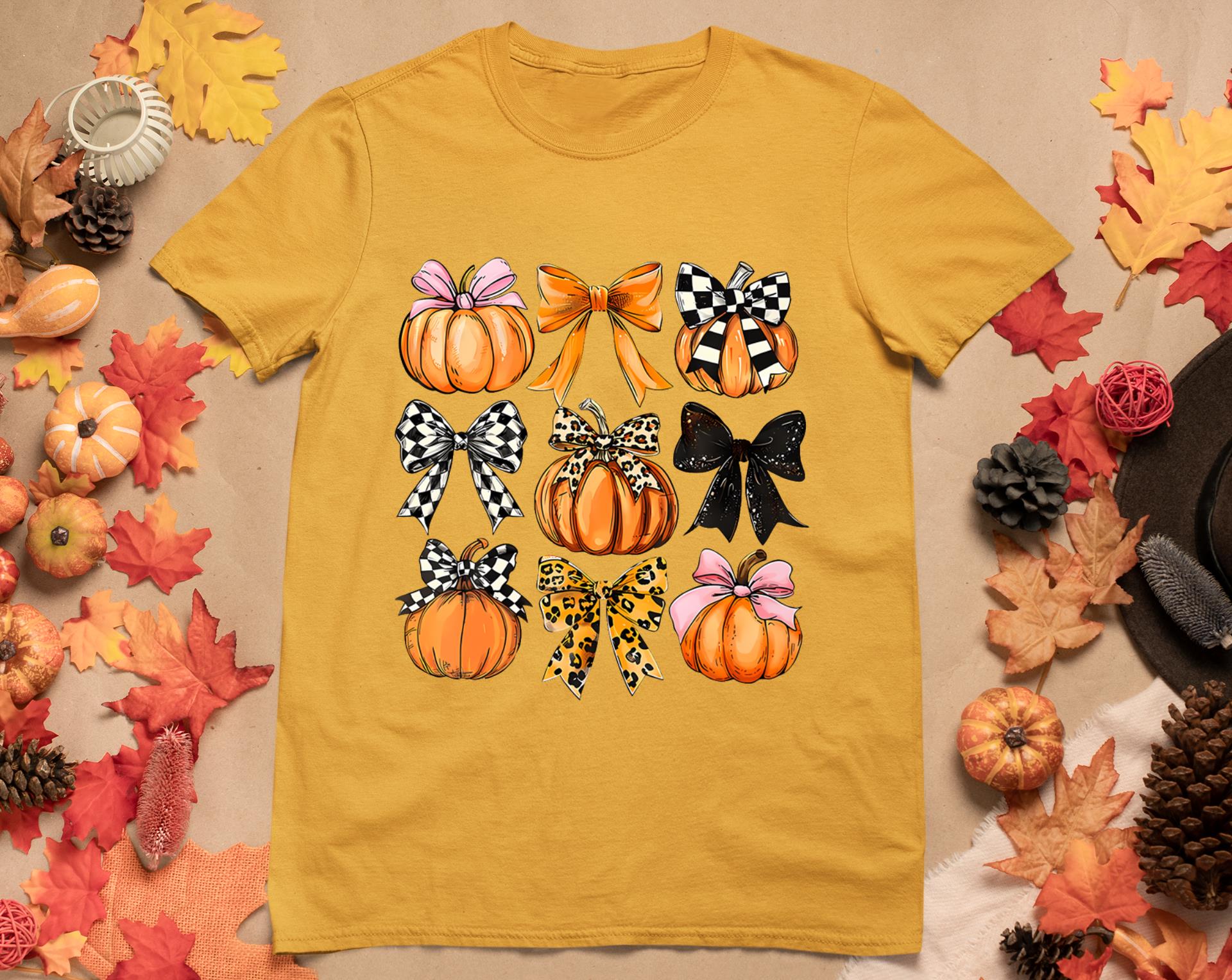 Cute Coquette Bows Pumpkin Season Halloween Autumn Fall T-Shirt