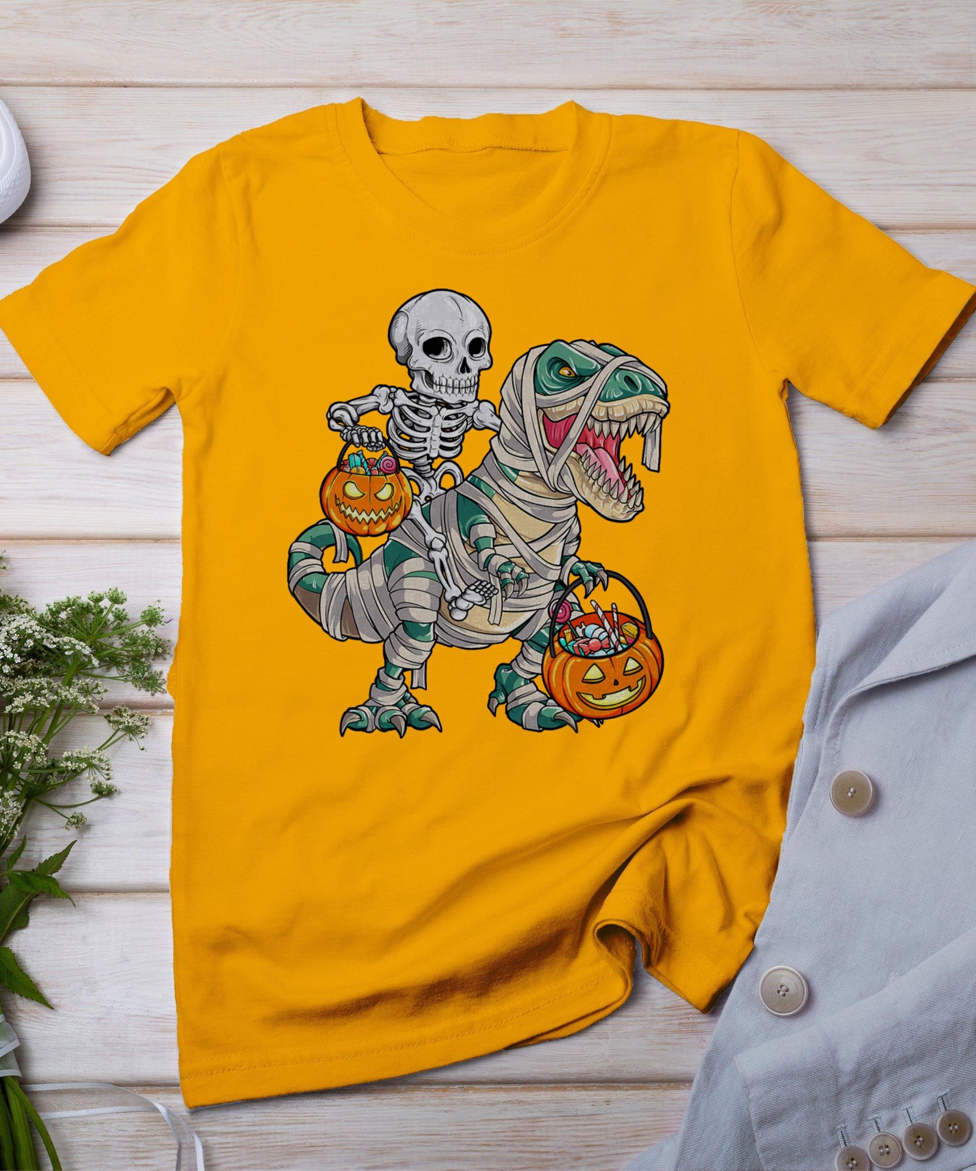 Skeleton Riding Mummy Dinosaur T Rex Halloween Funny Pumpkin T-Shirt